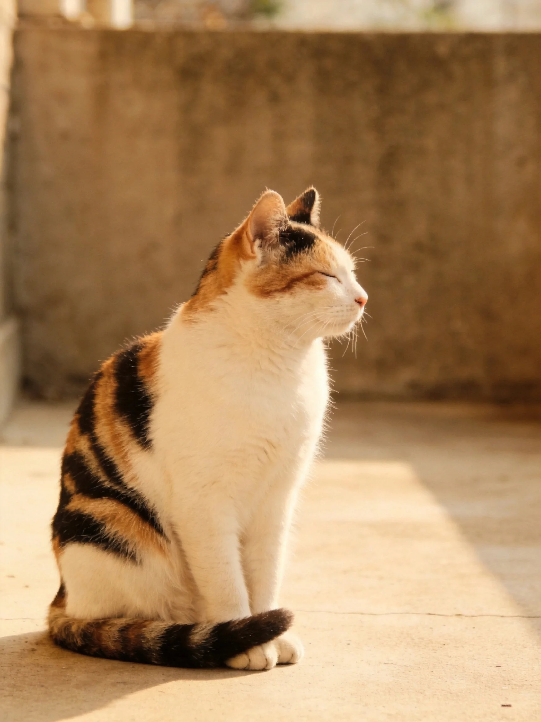 A calico cat sits serenely in warm sunlight