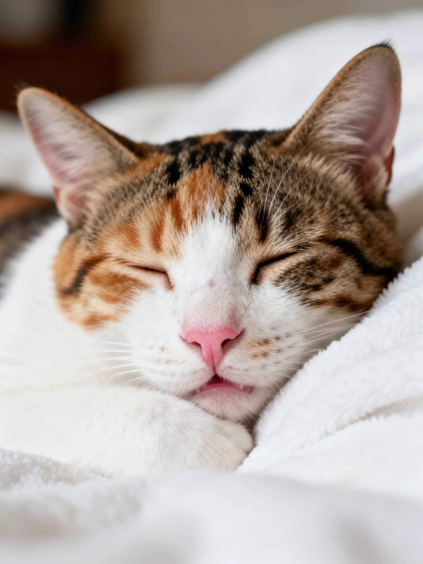A calico cat sleeping on fluffy white fabric