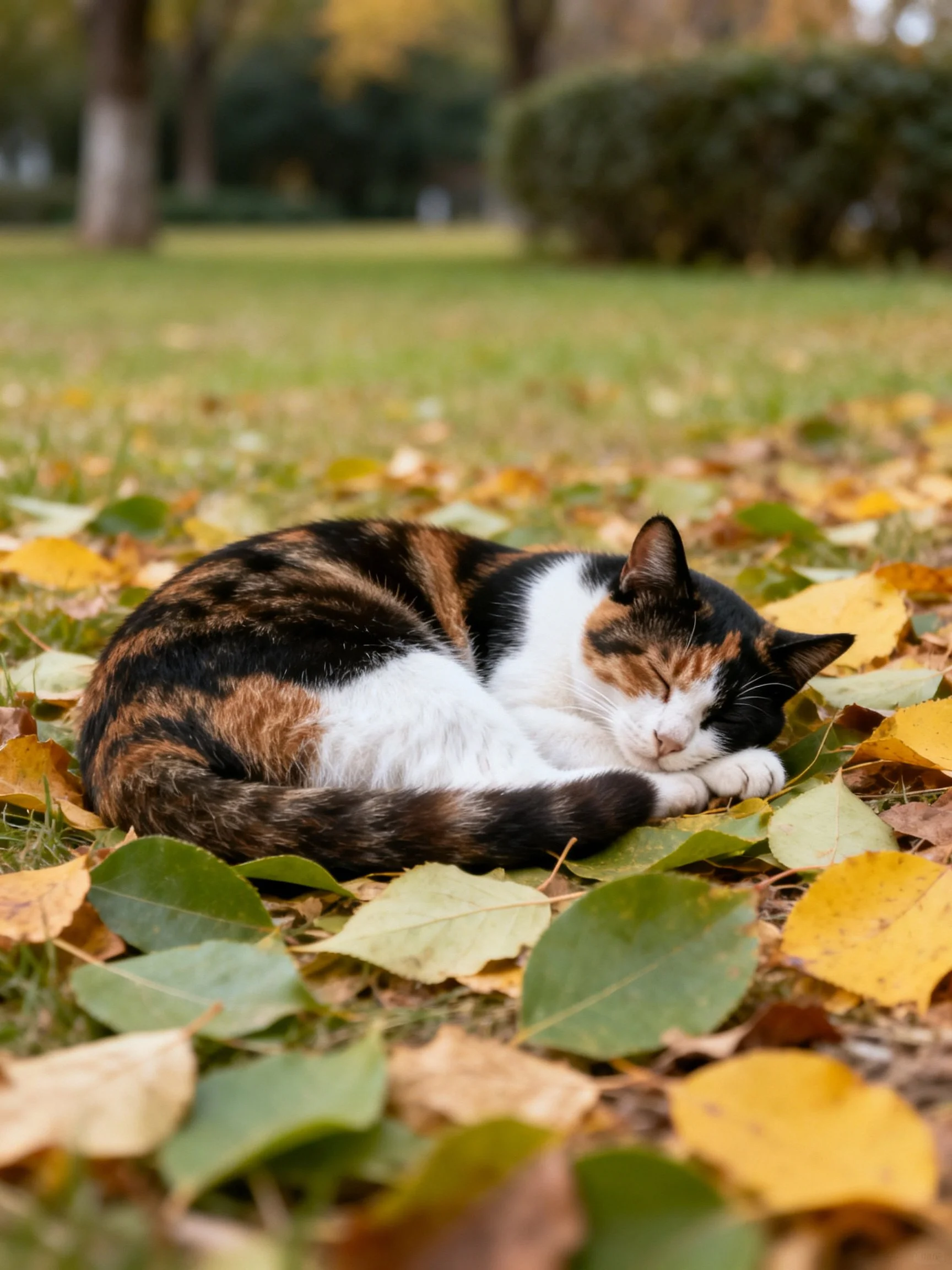 A calico cat sleeps among autumn leaves in a park