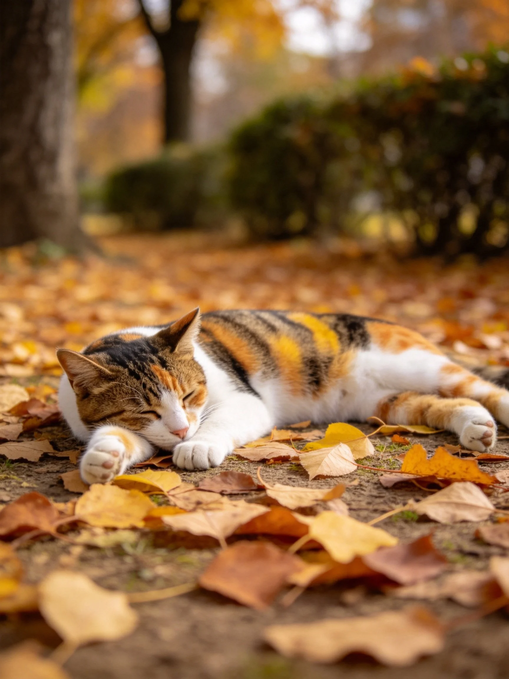 A calico cat sleeps among golden autumn leaves in a peaceful park