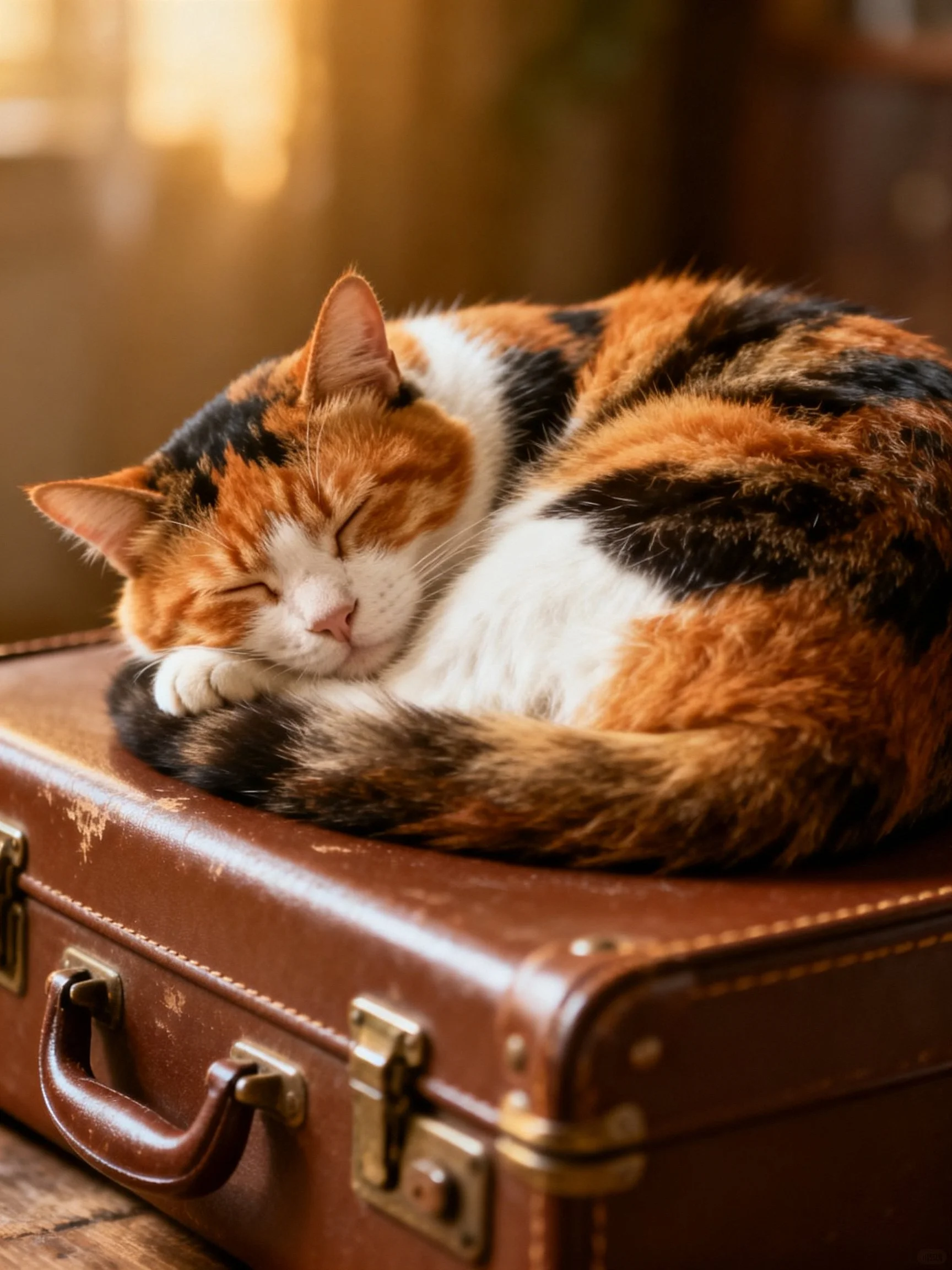 A calico cat sleeps contentedly atop an aged brown suitcase