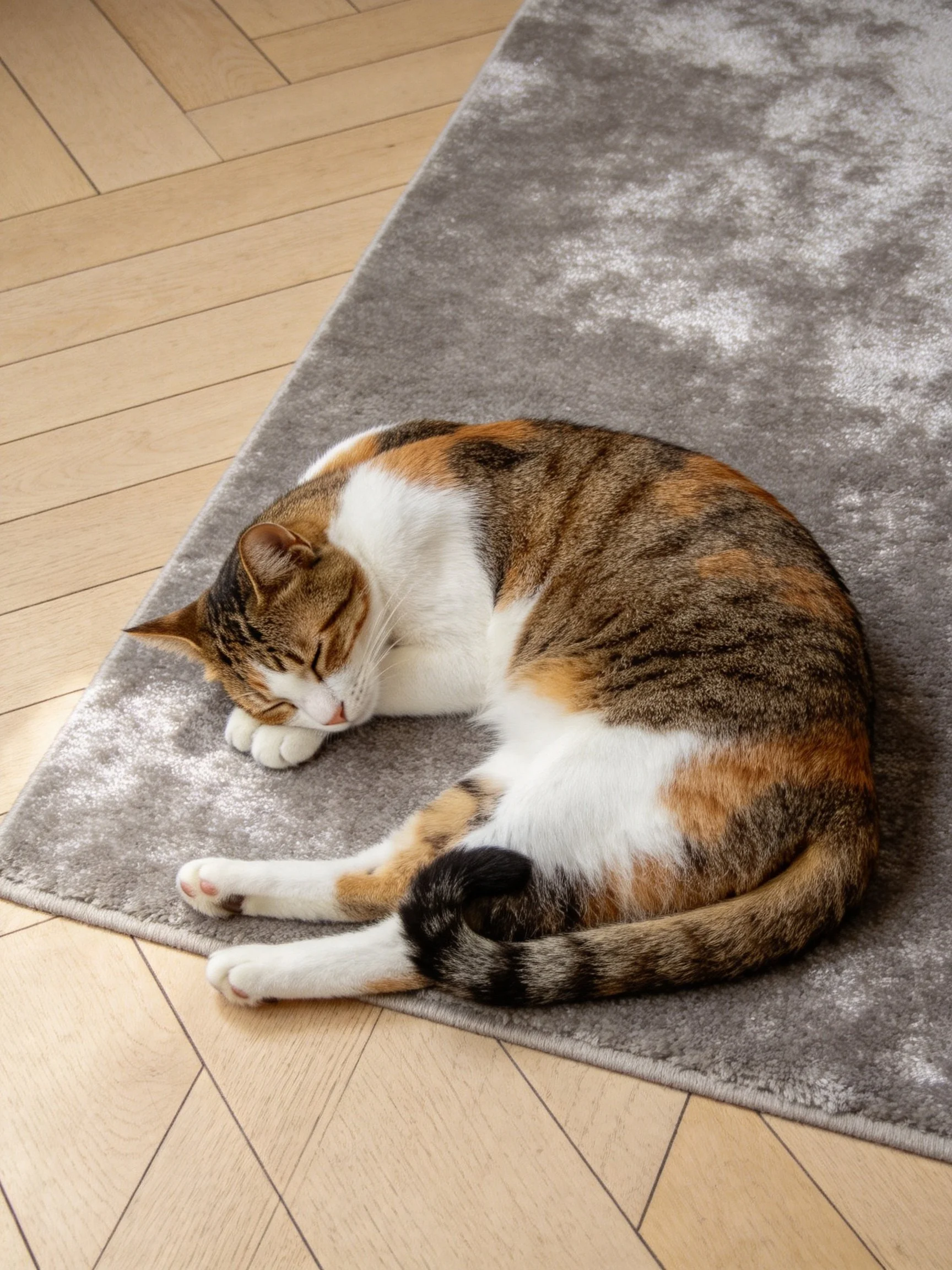 A calico cat sleeps curled up on a gray rug over wood flooring