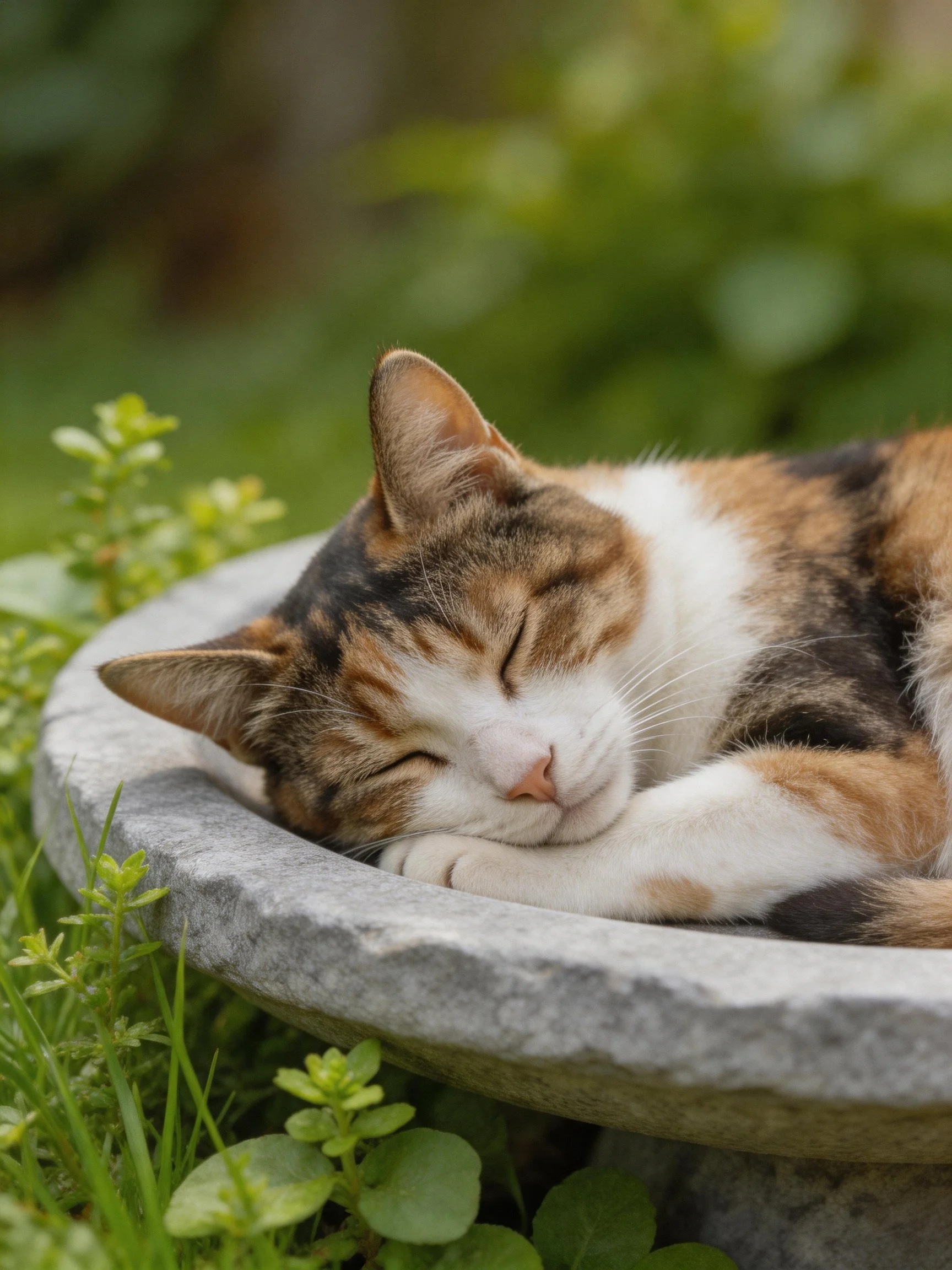 A calico cat sleeps in a stone dish surrounded by greenery
