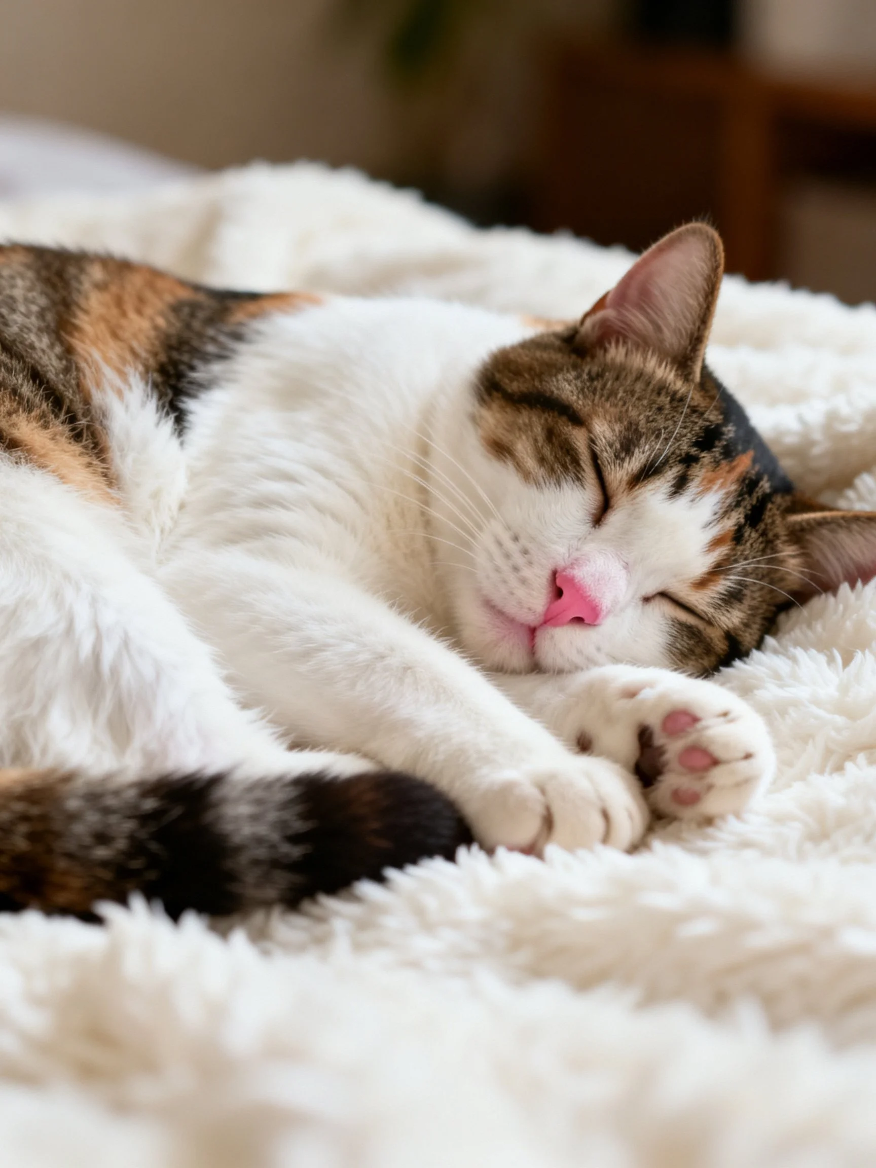 A calico cat sleeps on a fluffy white blanket