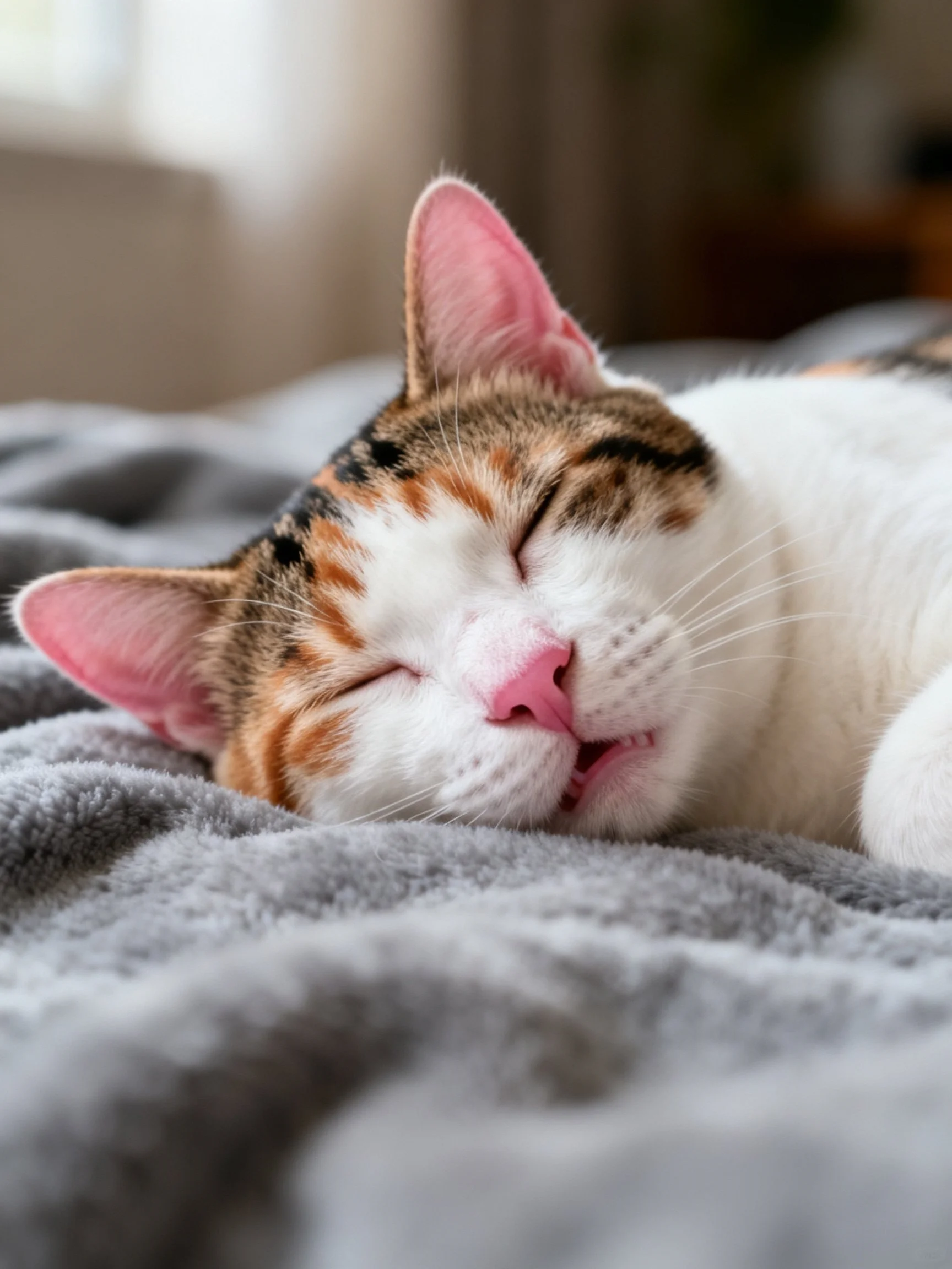 A calico cat sleeps on a soft gray blanket indoors.