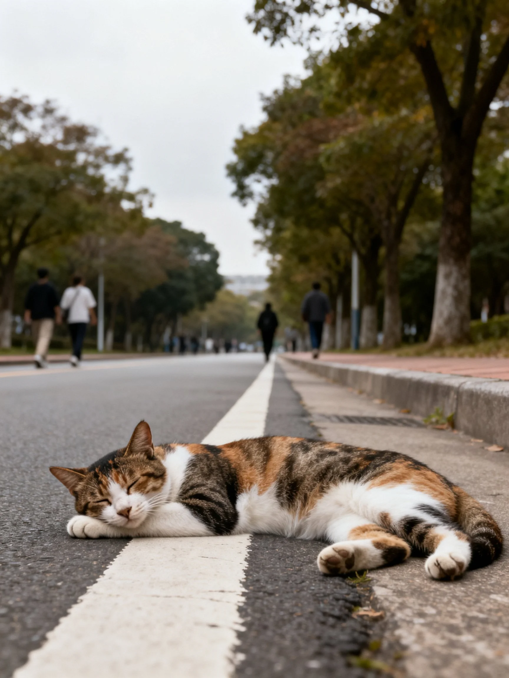 A calico cat rests on a road with pedestrians and trees in the background under an overcast sky.