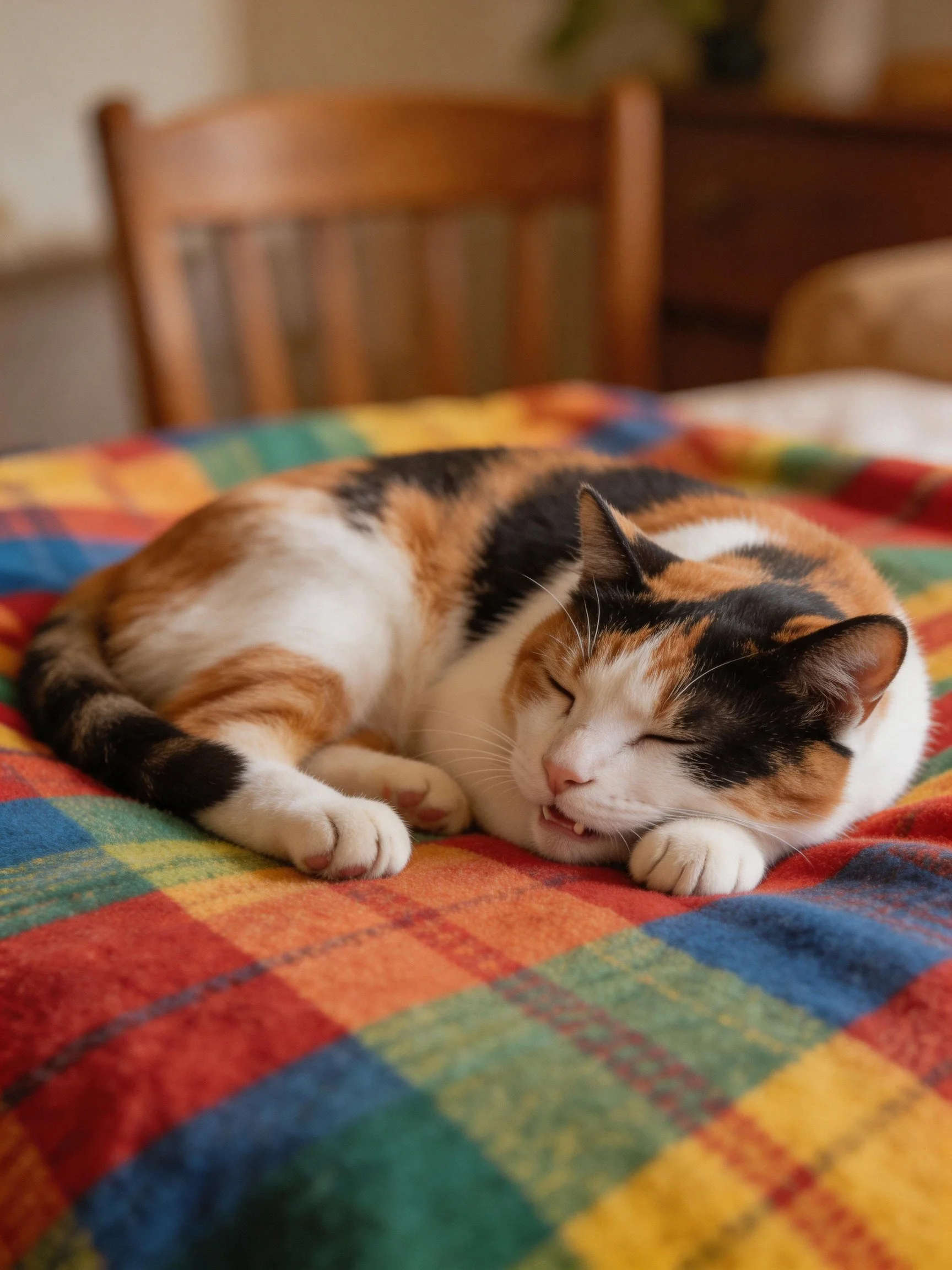 A calico cat sleeps on a vibrant multicolored plaid blanket near wooden chairs