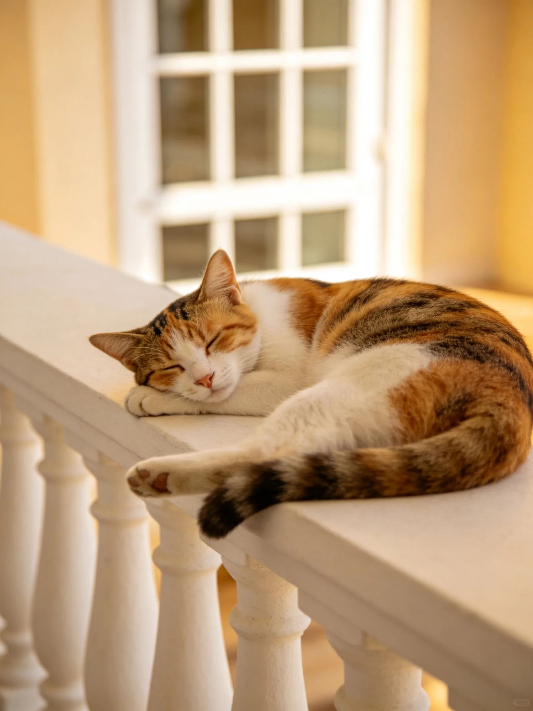 A calico cat sleeps on a white balcony railing
