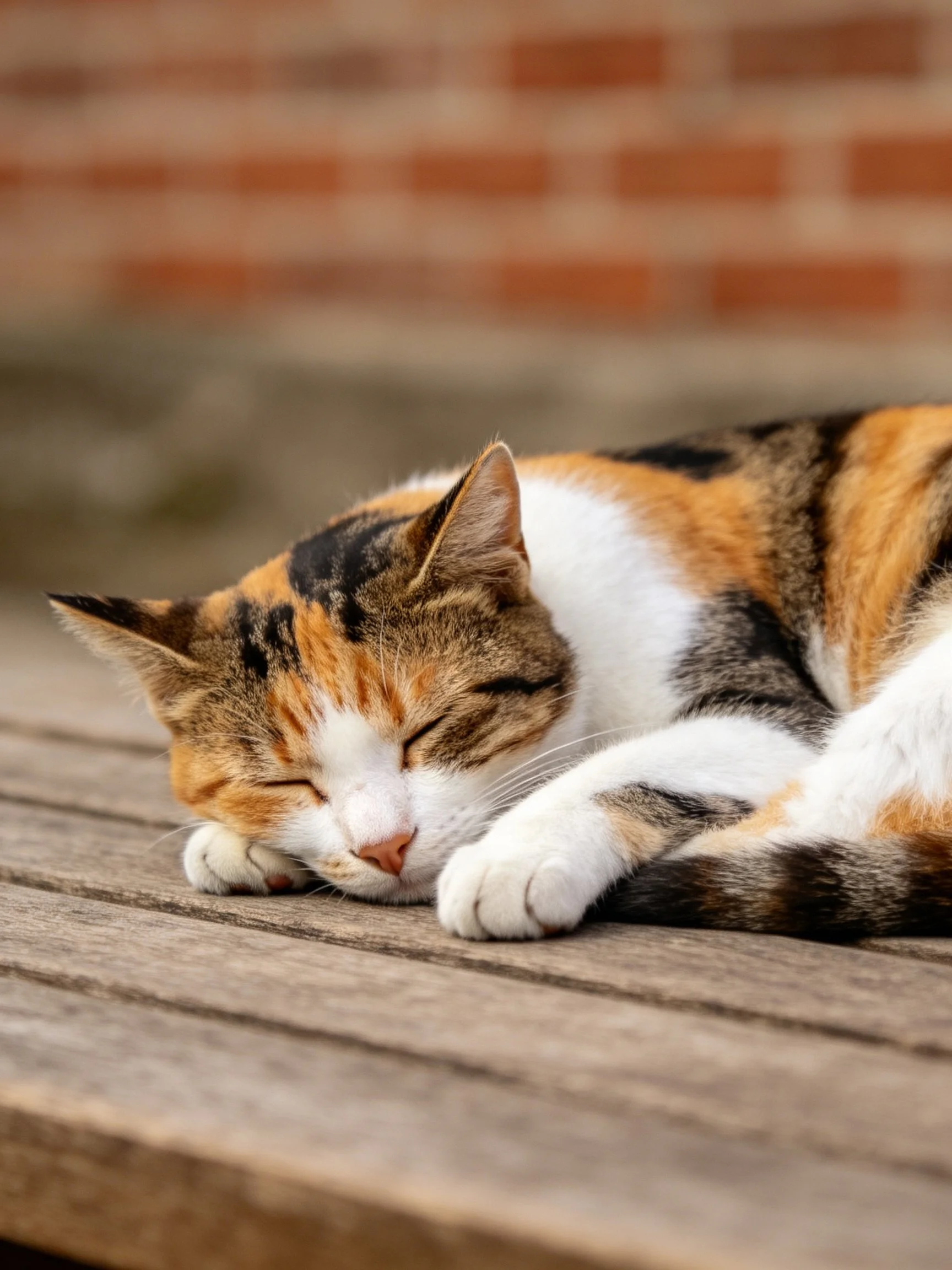 A calico cat sleeps on a wooden bench near a brick wall
