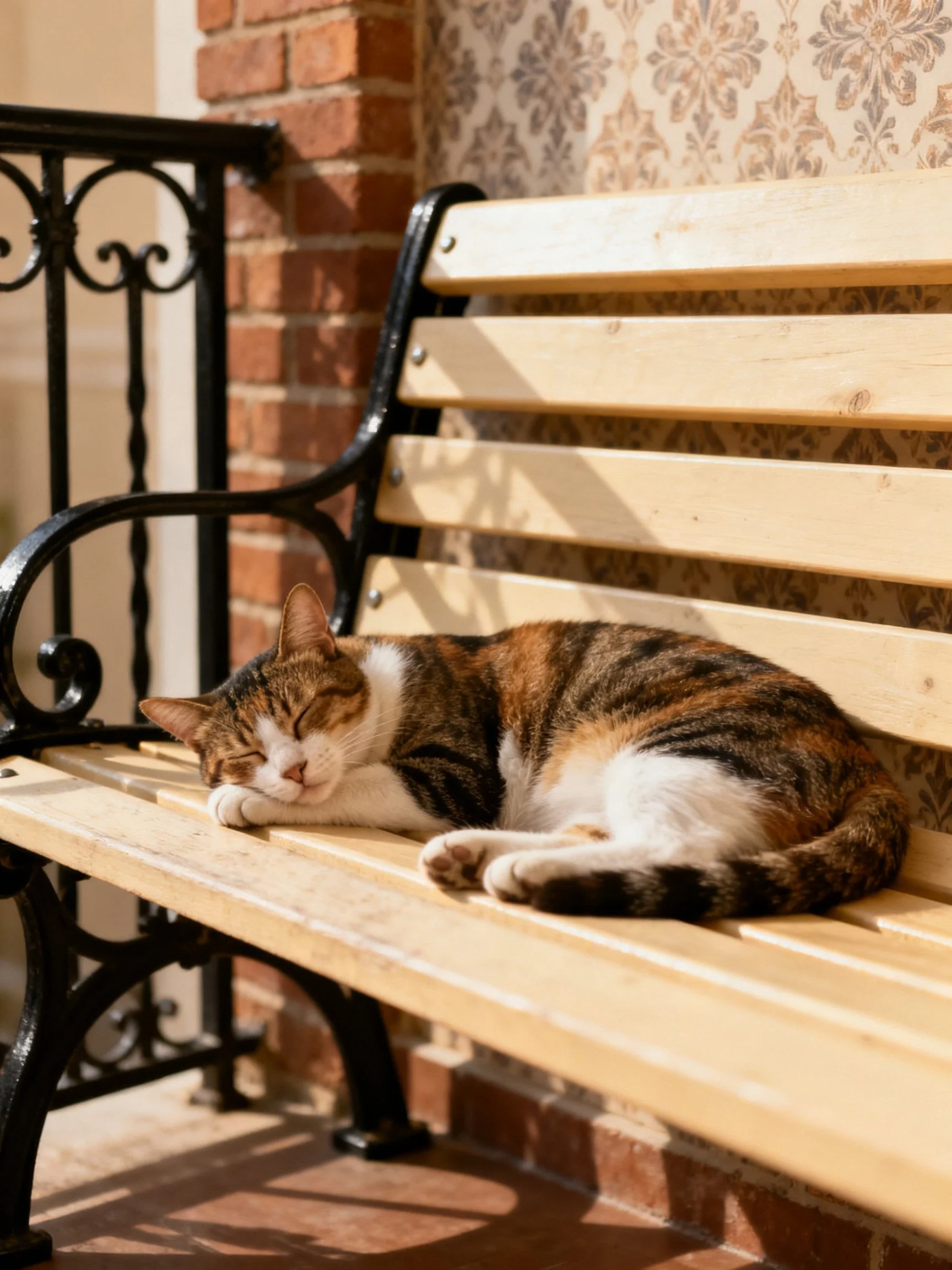 A calico cat sleeps on a wooden bench near a brick wall