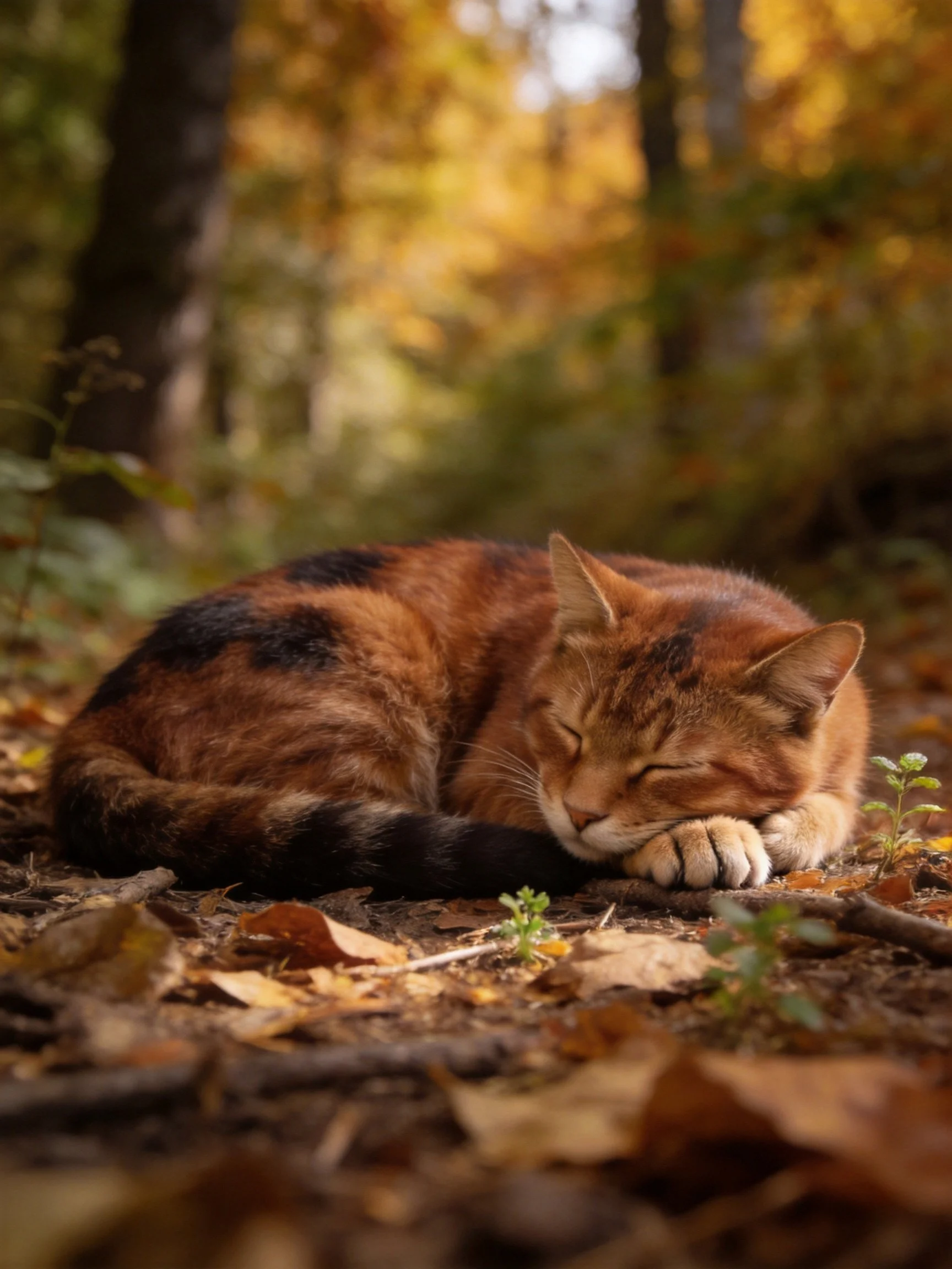A calico cat sleeps on autumn leaves in a sunlit forest