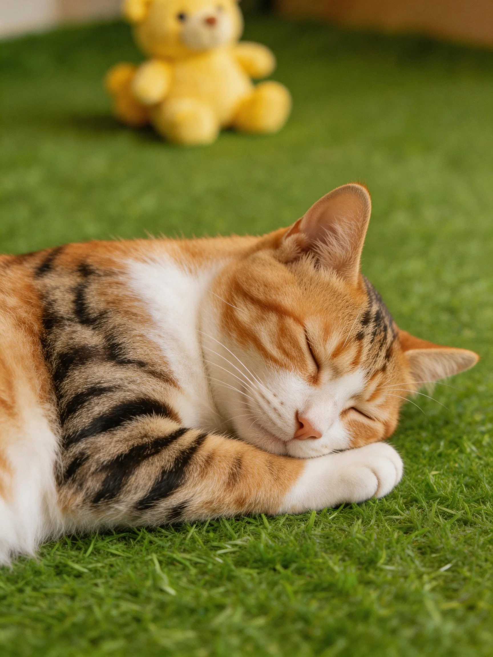 A calico cat sleeps on green grass beside a yellow teddy bear nearby