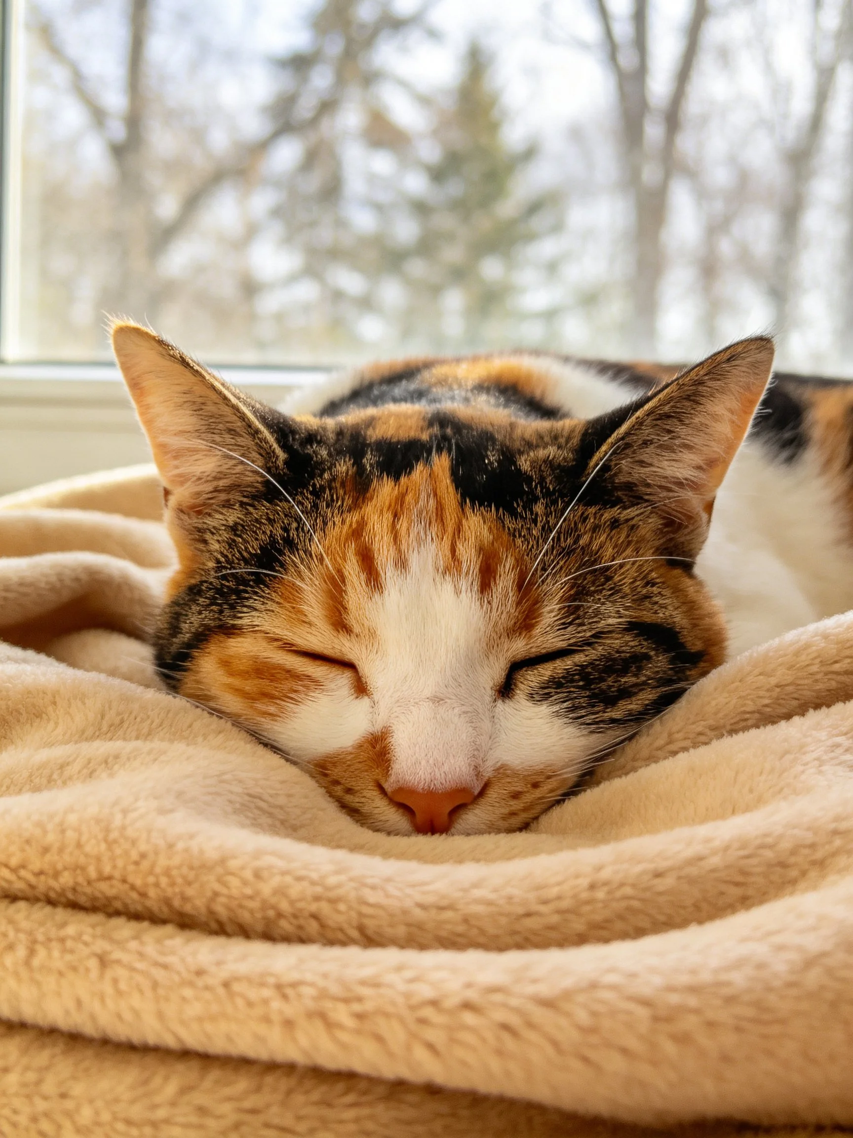 A calico cat sleeps peacefully on a soft beige blanket by a sunlit window