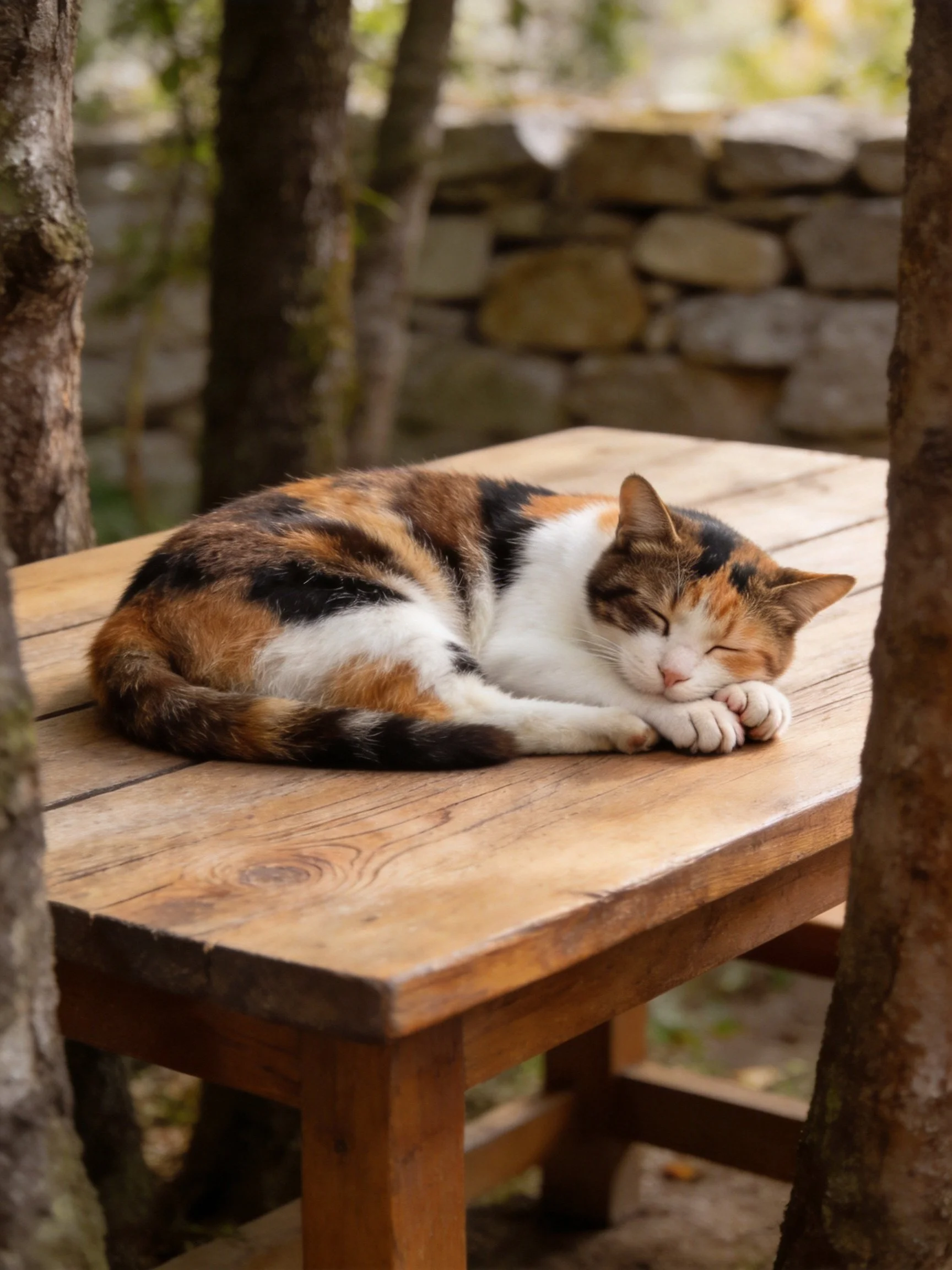 A calico cat sleeps peacefully on a wooden outdoor table
