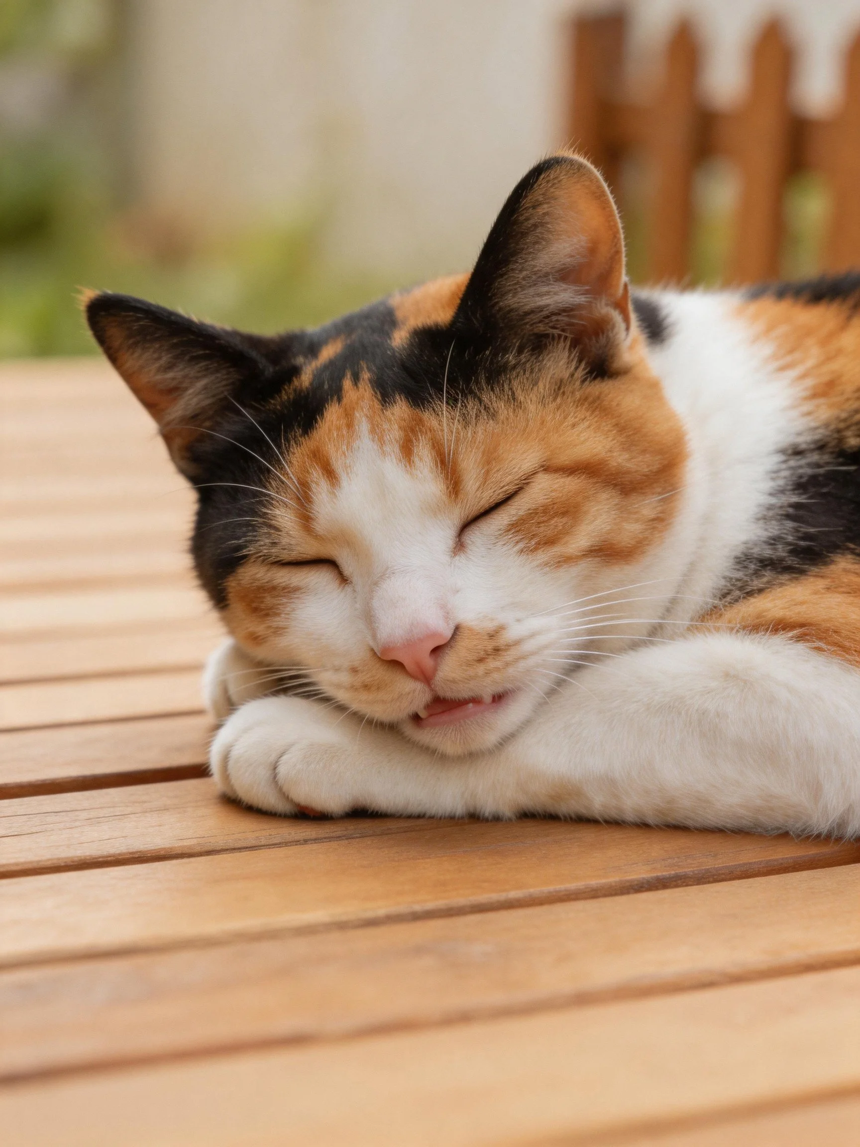 A calico cat sleeps peacefully on a wooden table outdoors