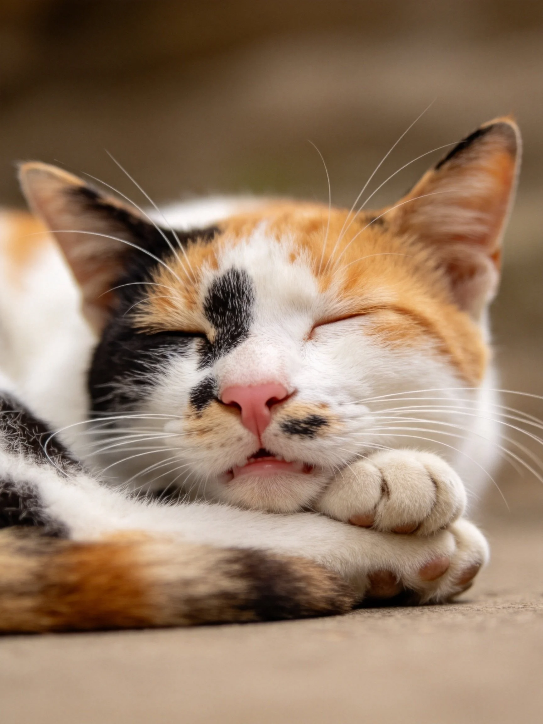 A calico cat sleeps peacefully with closed eyes
