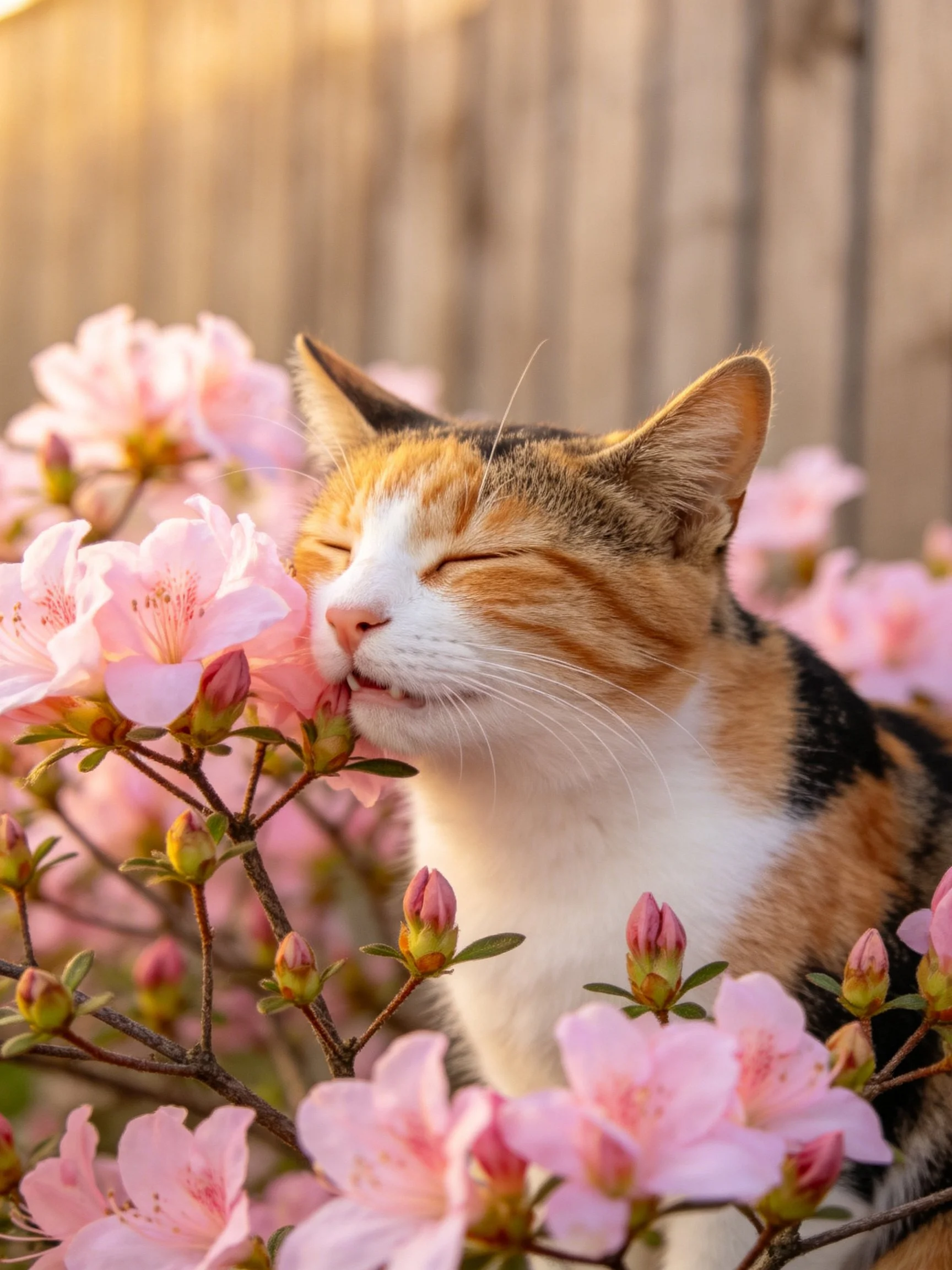 A calico cat sniffs pink azalea blossoms near a wooden fence