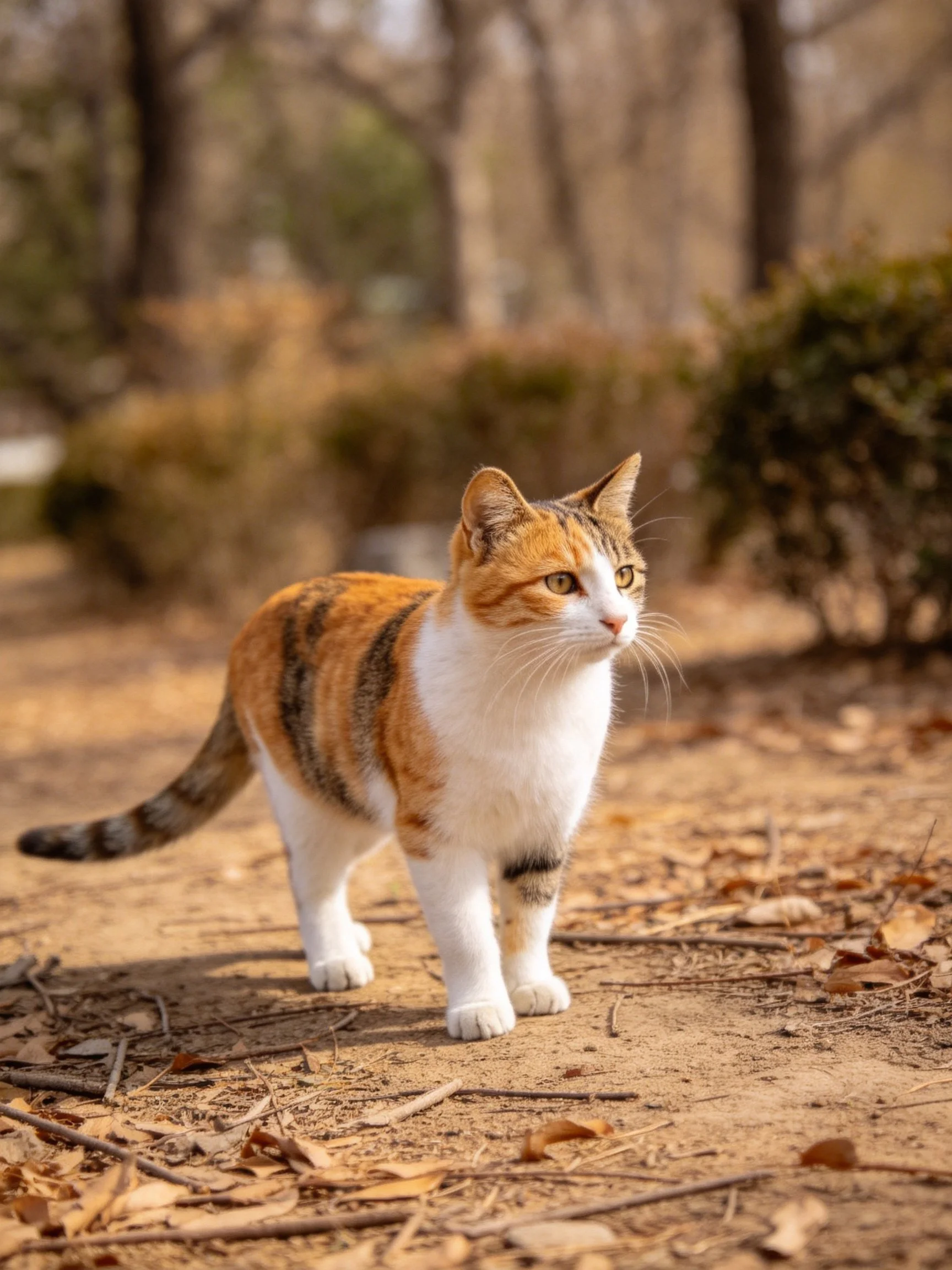 A calico cat stands alert on a leaf-strewn dirt path near trees