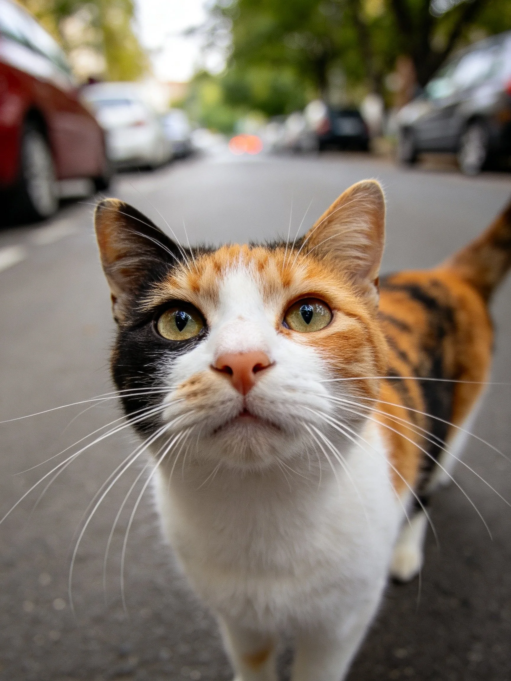 A calico cat looks directly at the camera on a city street.