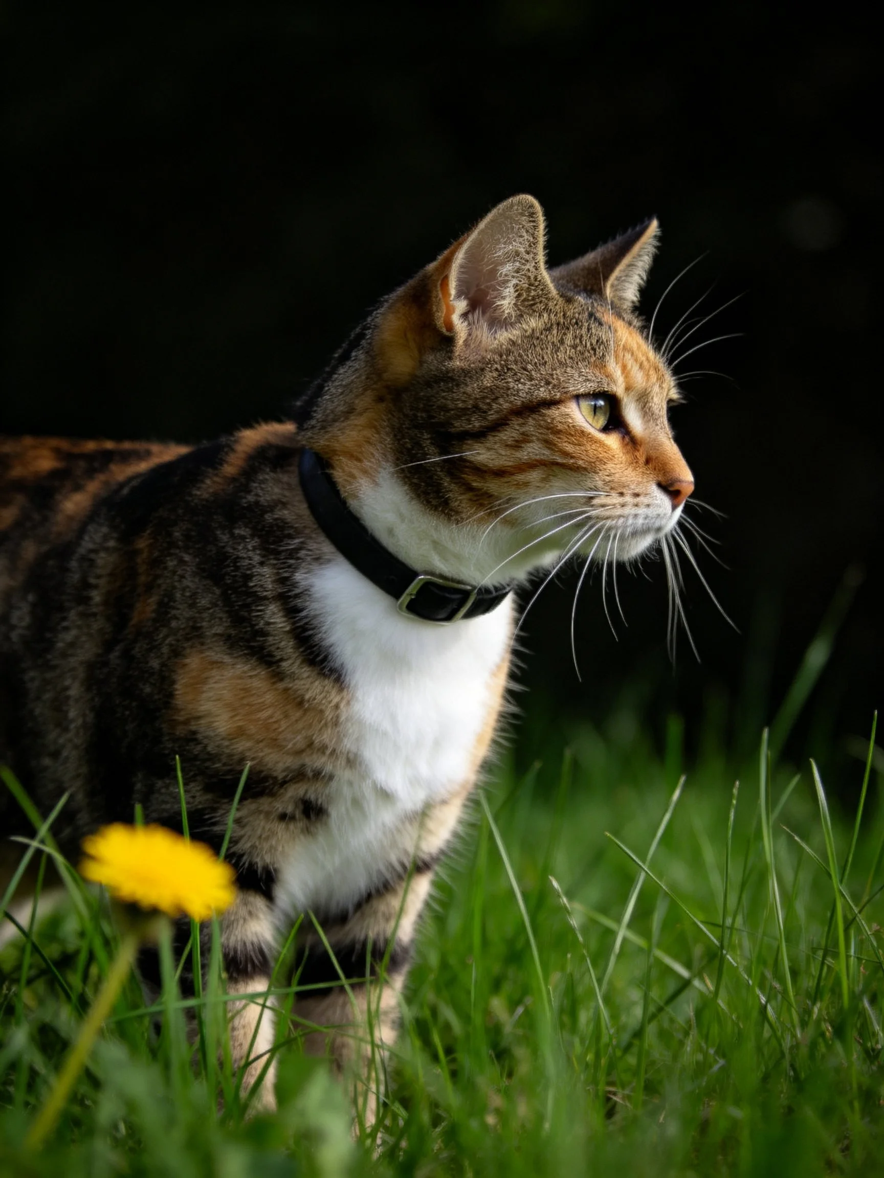 A calico cat gazes into the distance amid tall green grass and a yellow flower.