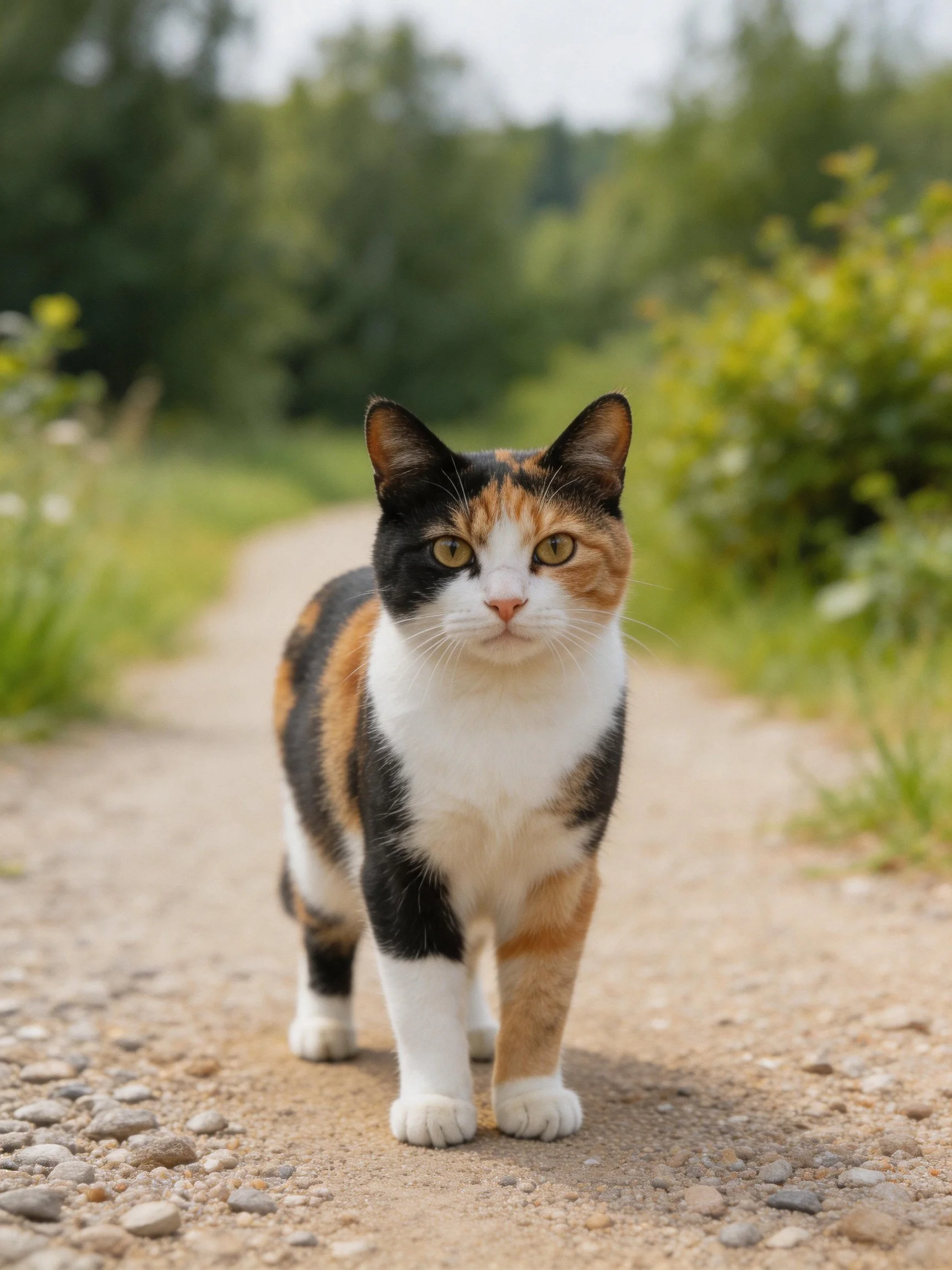 A calico cat stands on a gravel path amid lush greenery