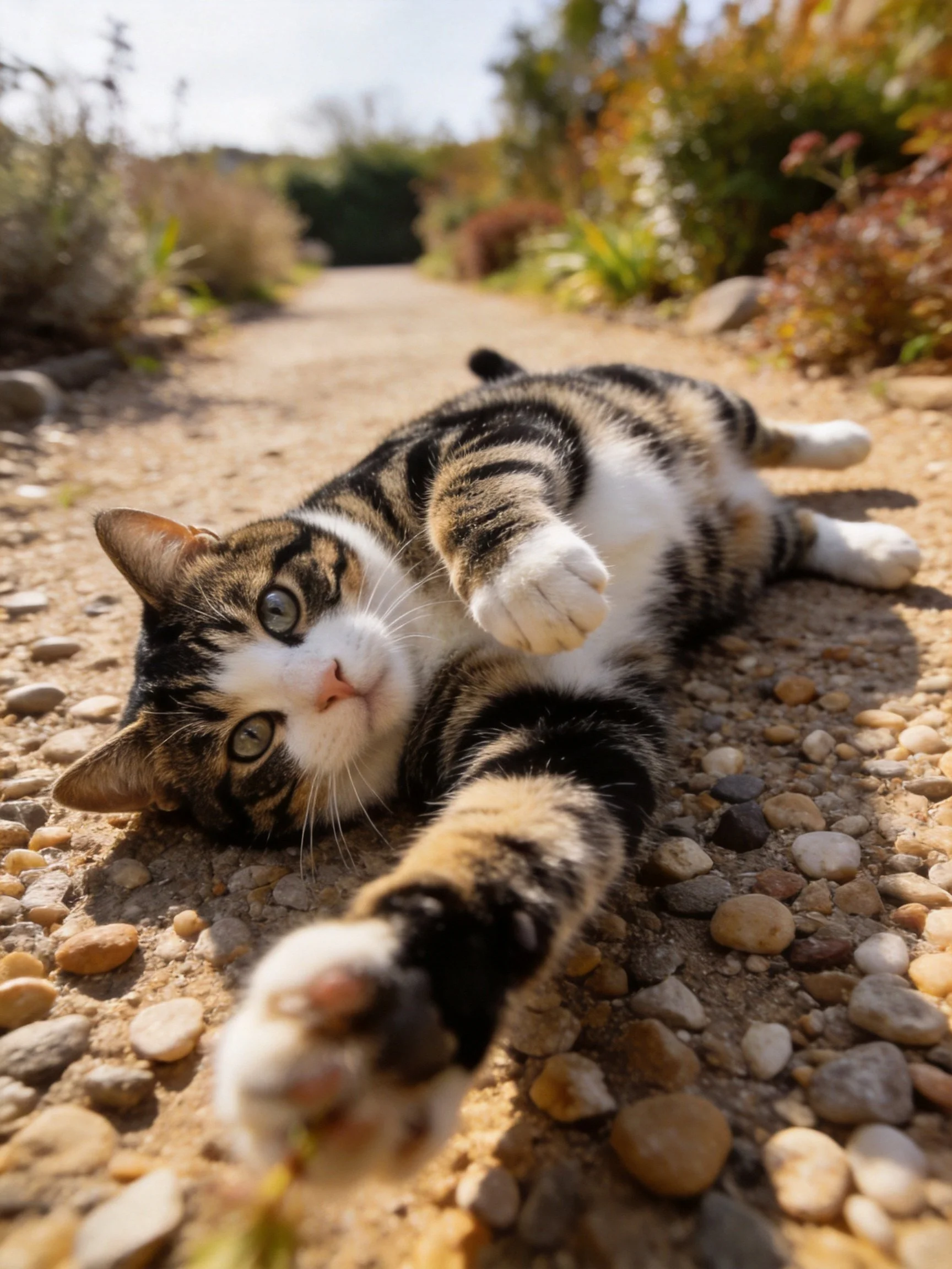 A calico cat stretches on a sunlit gravel path toward the camera