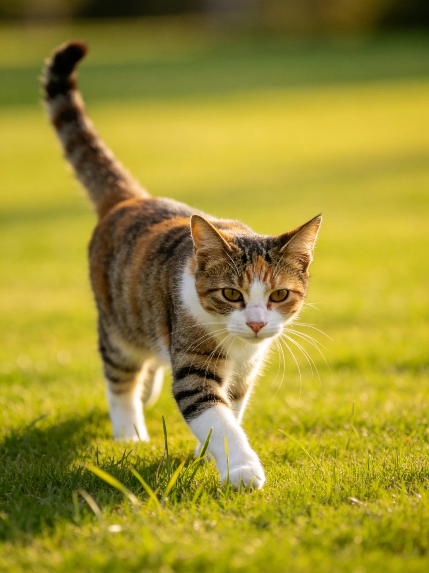 A calico cat strides across lush green grass in bright daylight