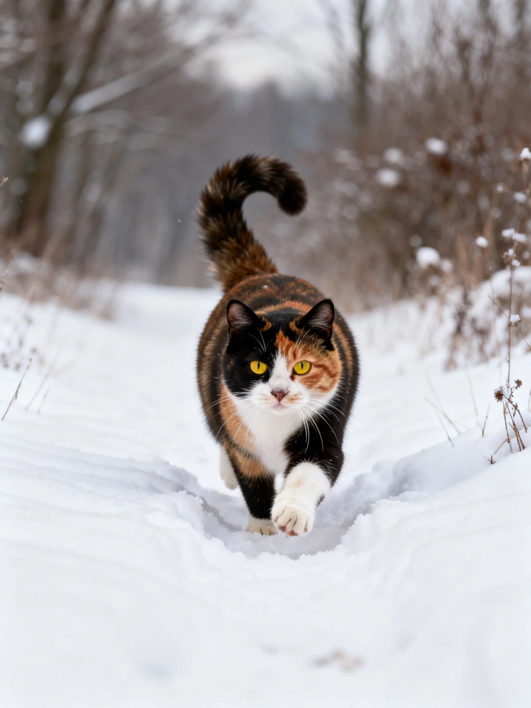 A calico cat walking through a snowy forest path