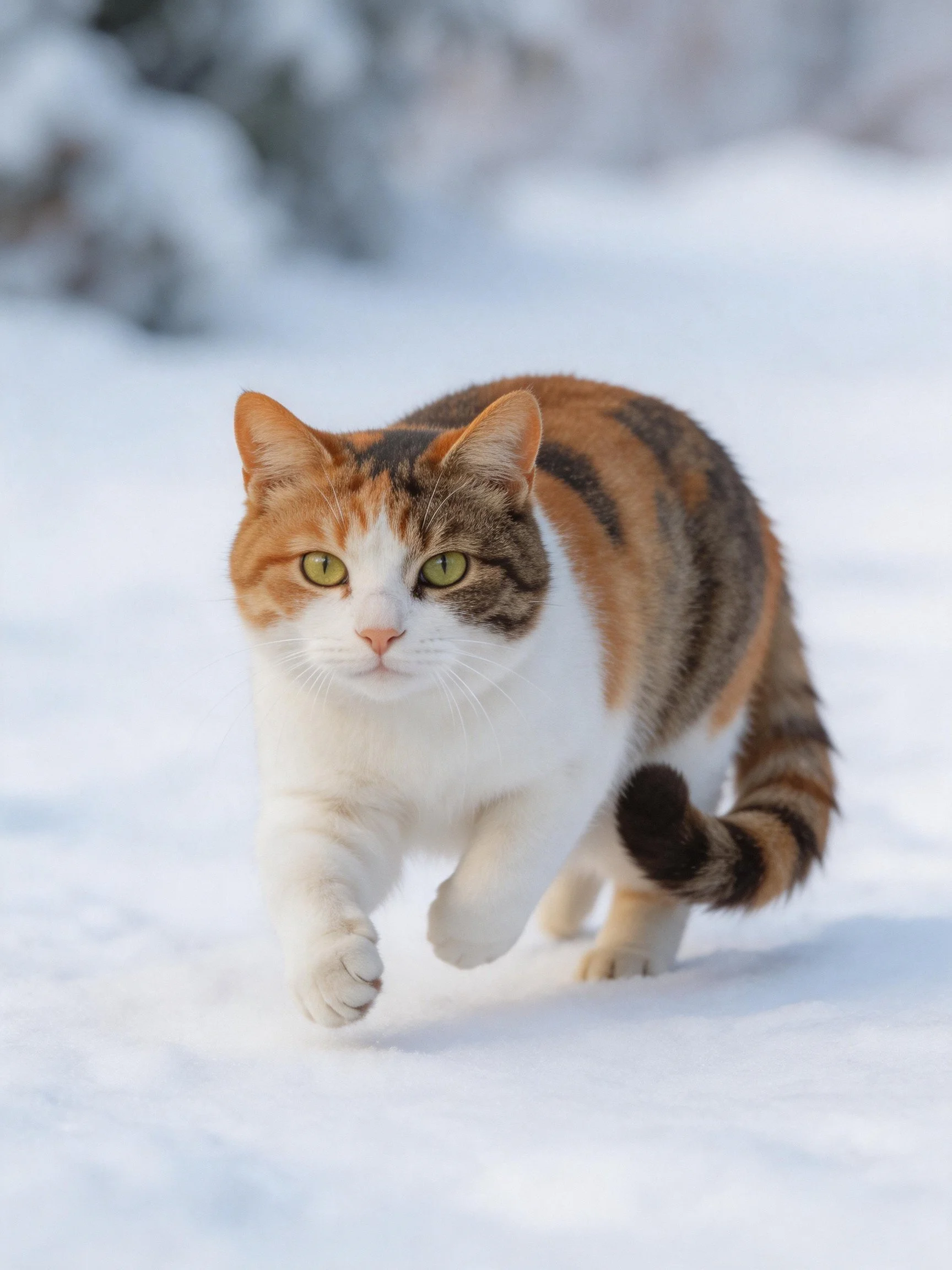 A calico cat walking through fresh white snow