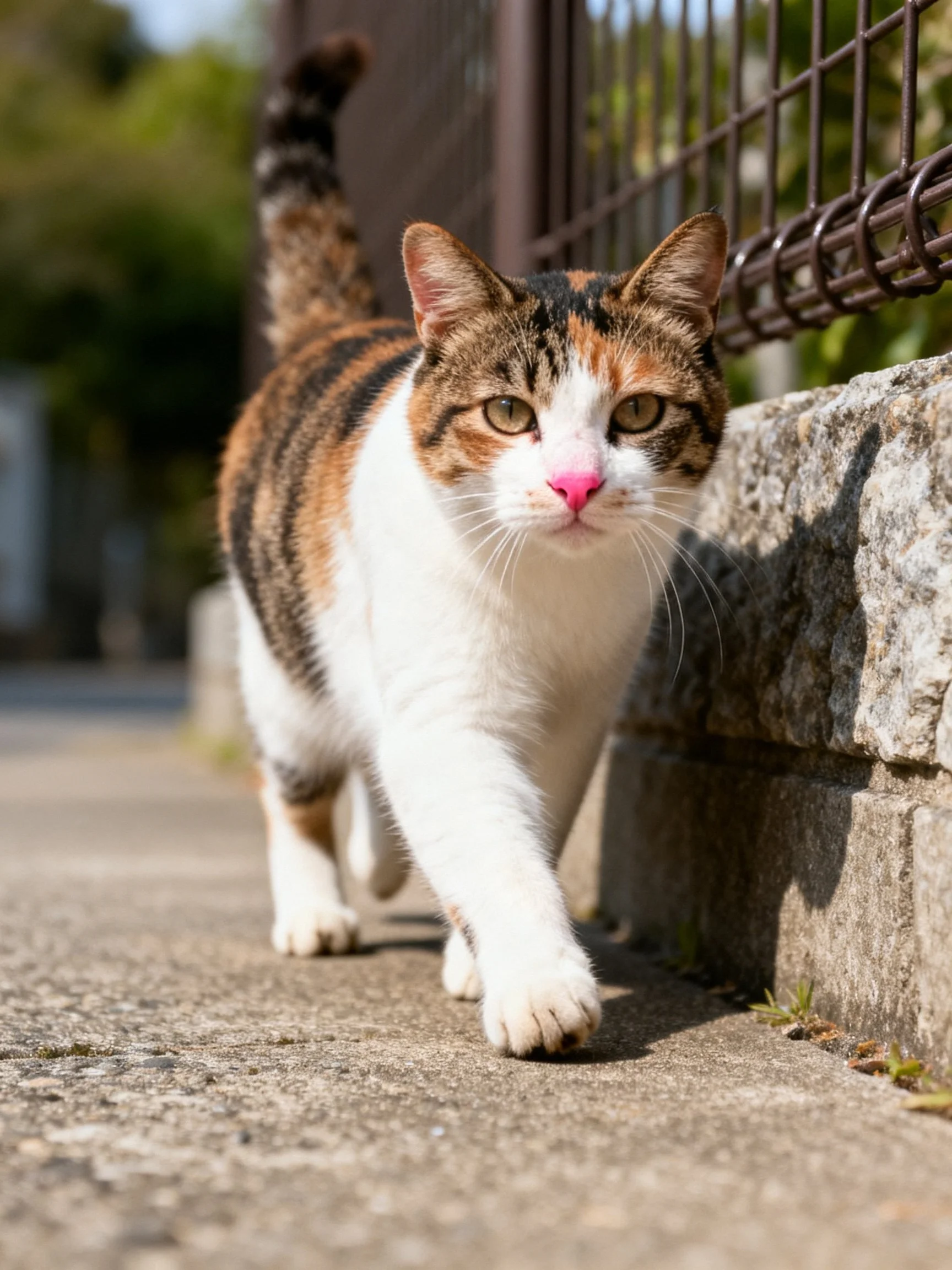 A calico cat walks beside a stone wall and metal fence