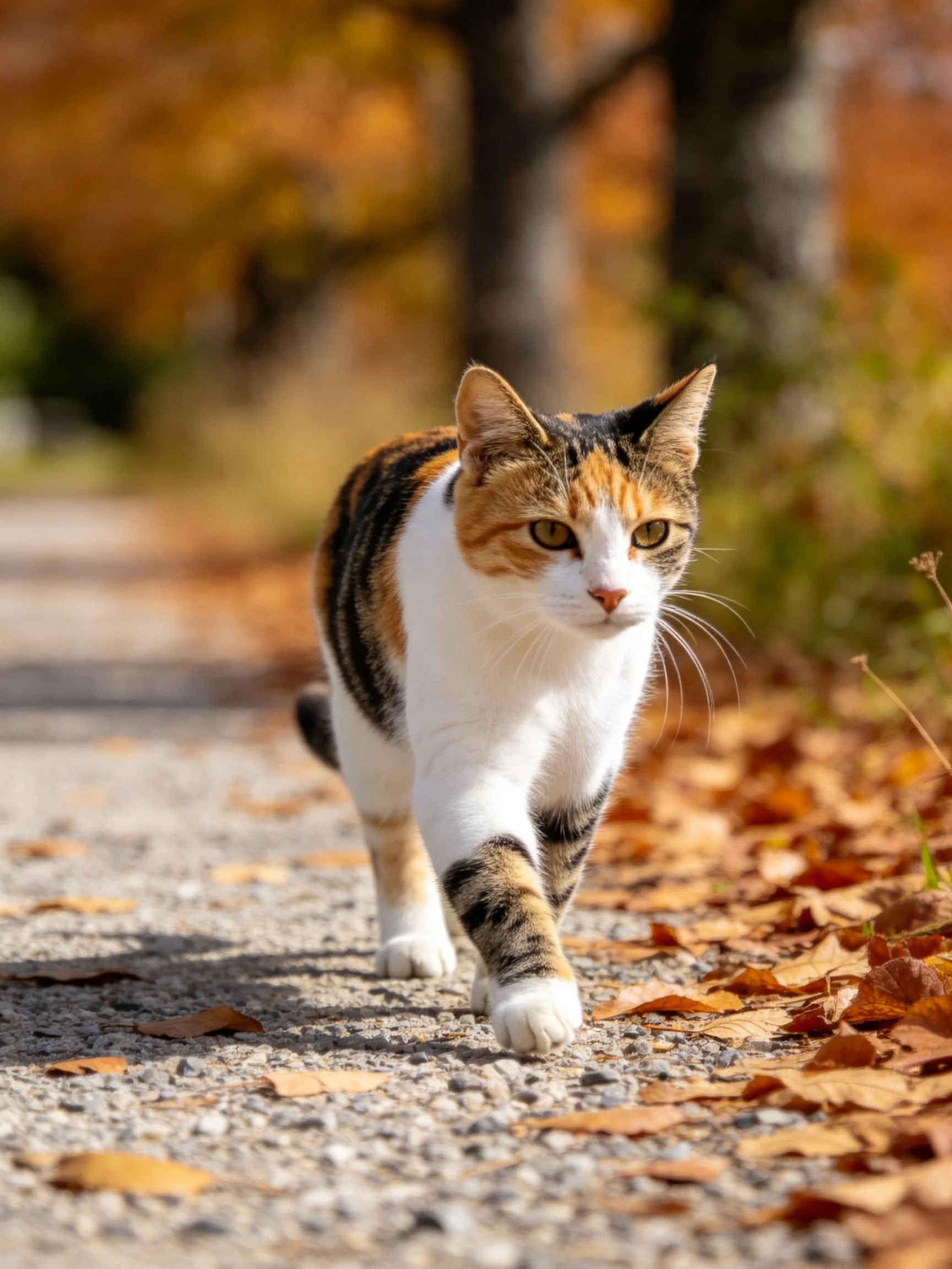 A calico cat walks on a gravel path with autumn leaves