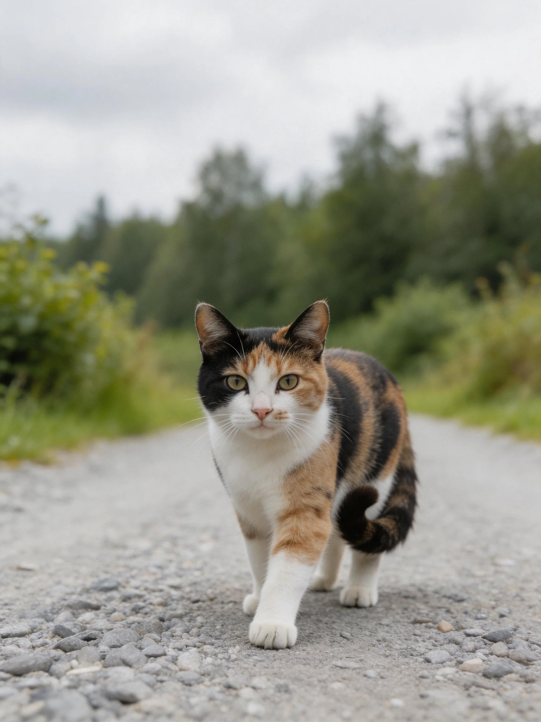 A calico cat walks on a gravel road with green surroundings