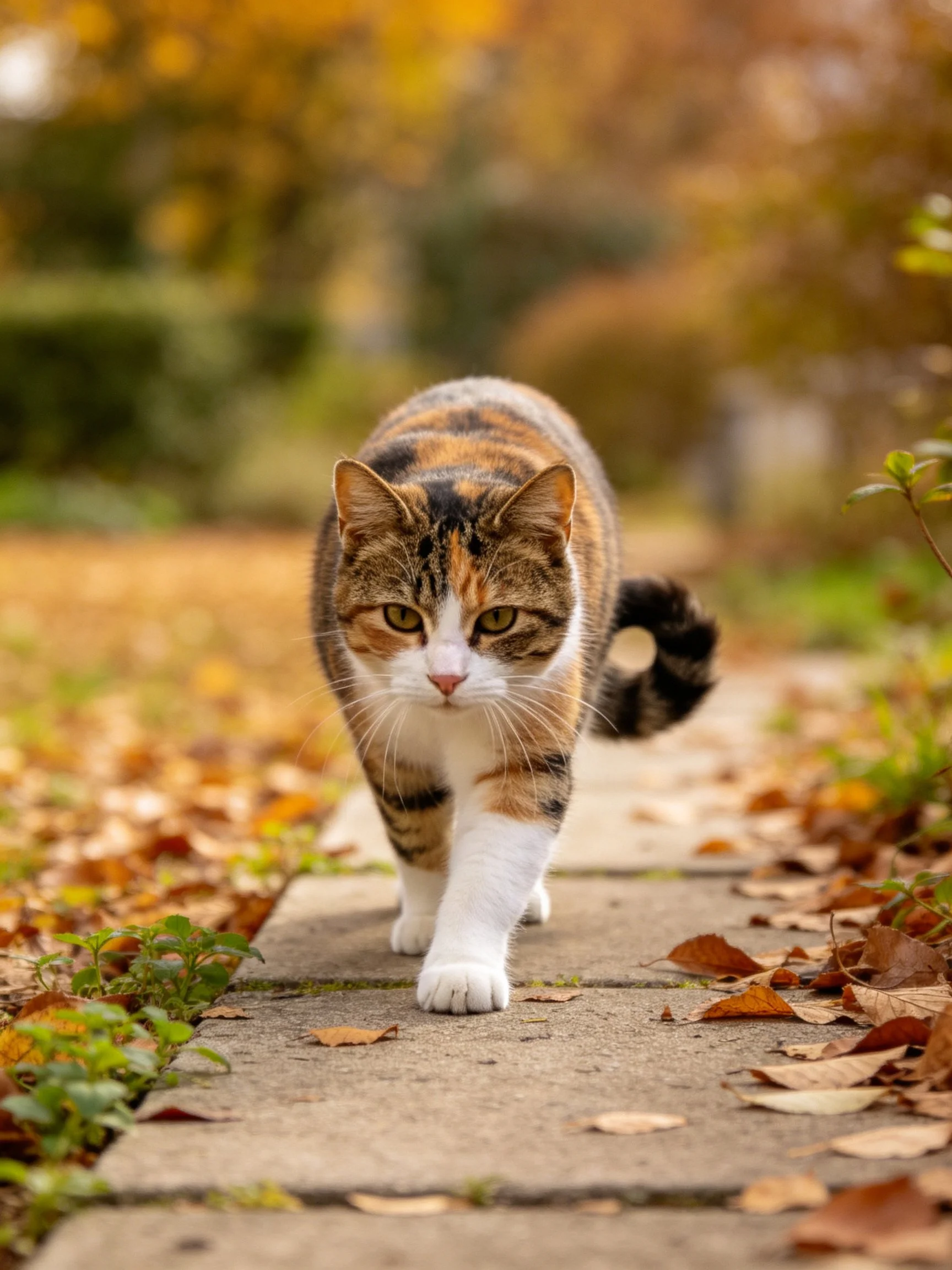 A calico cat walks on a stone path surrounded by autumn foliage.