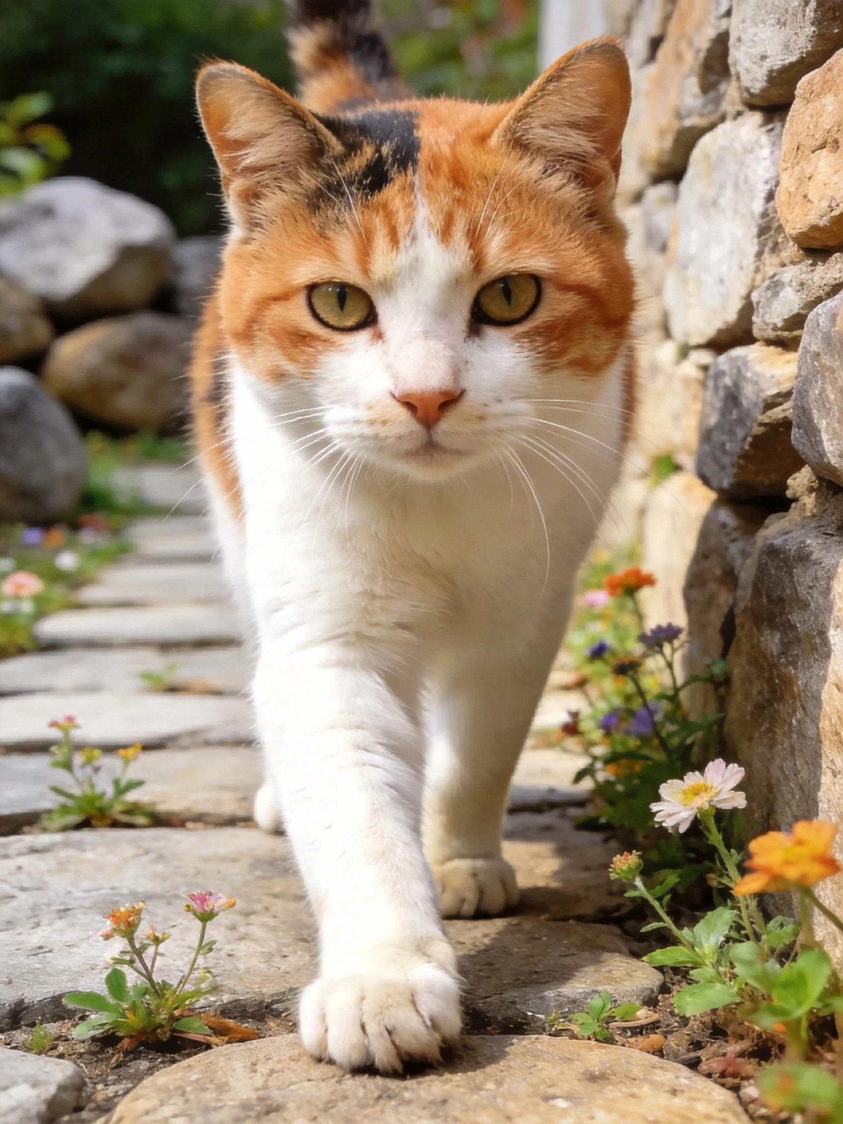 A calico cat walks on a stone path near flowers and a stone wall.