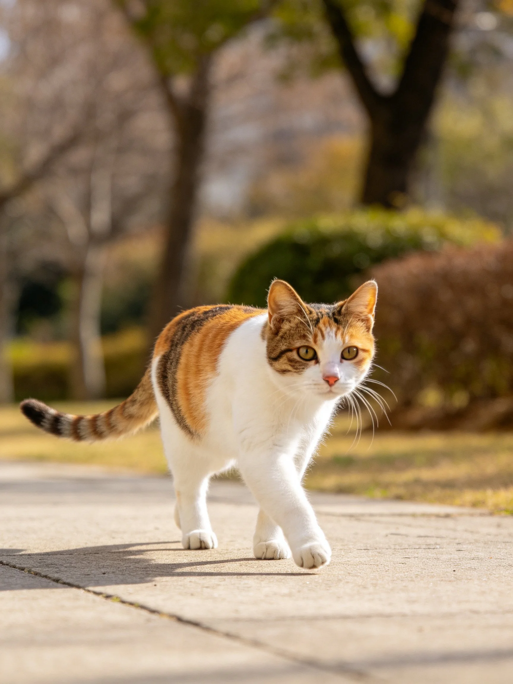 A calico cat walks on a sunlit pavement near trees