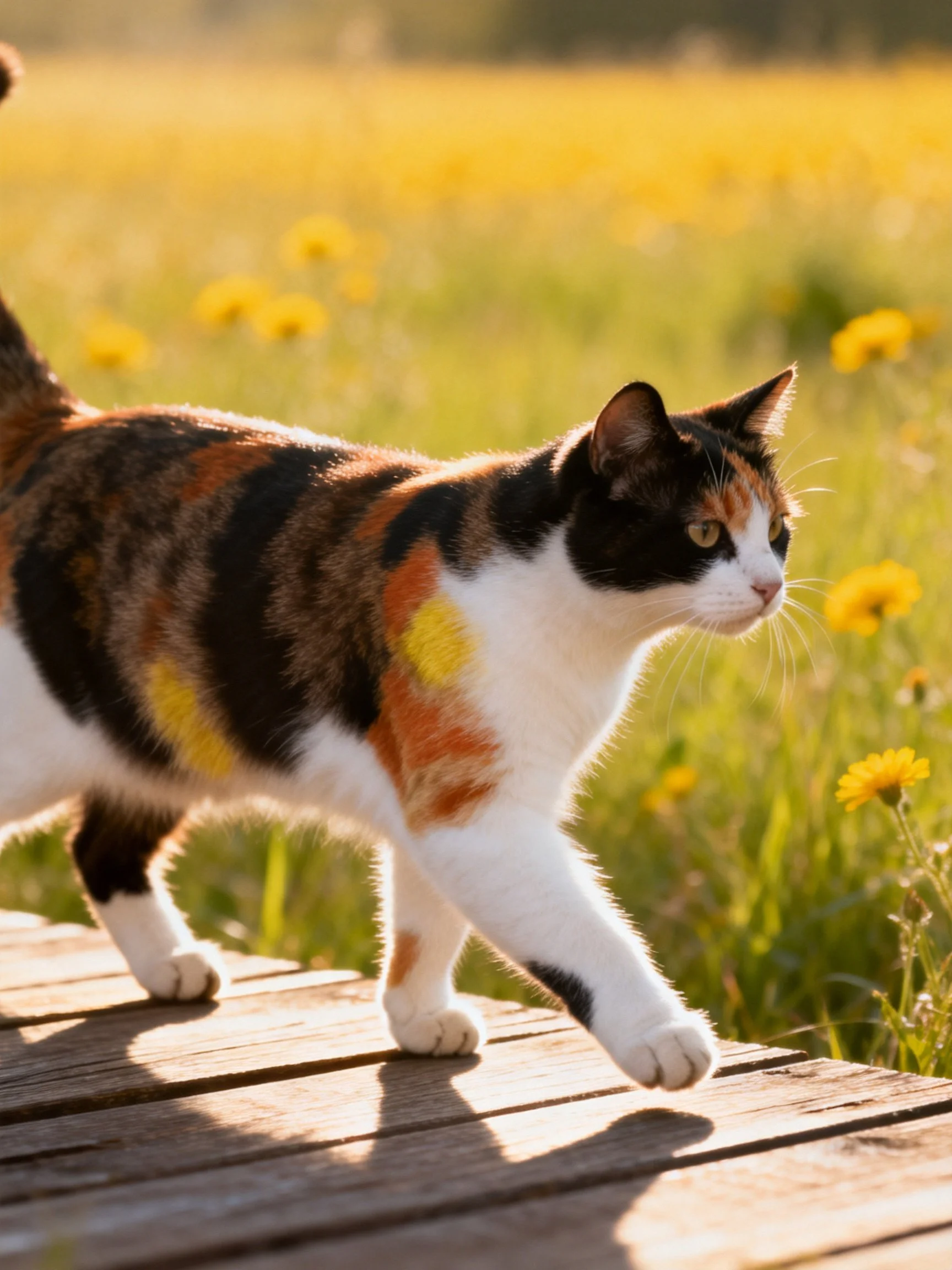 A calico cat walks on a wooden path near yellow wildflowers