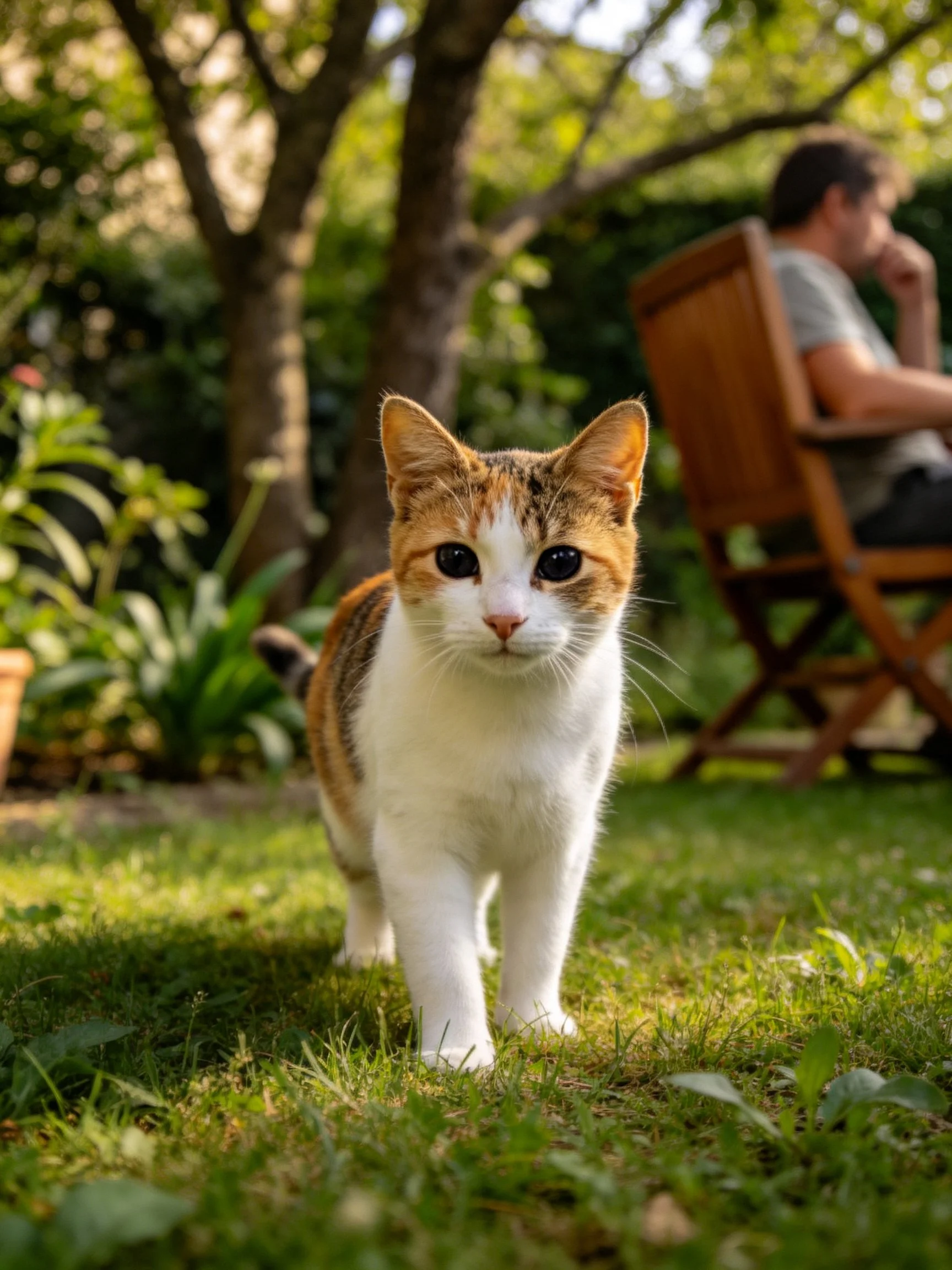 A calico cat moves through a sunlit garden with a man seated in the background.