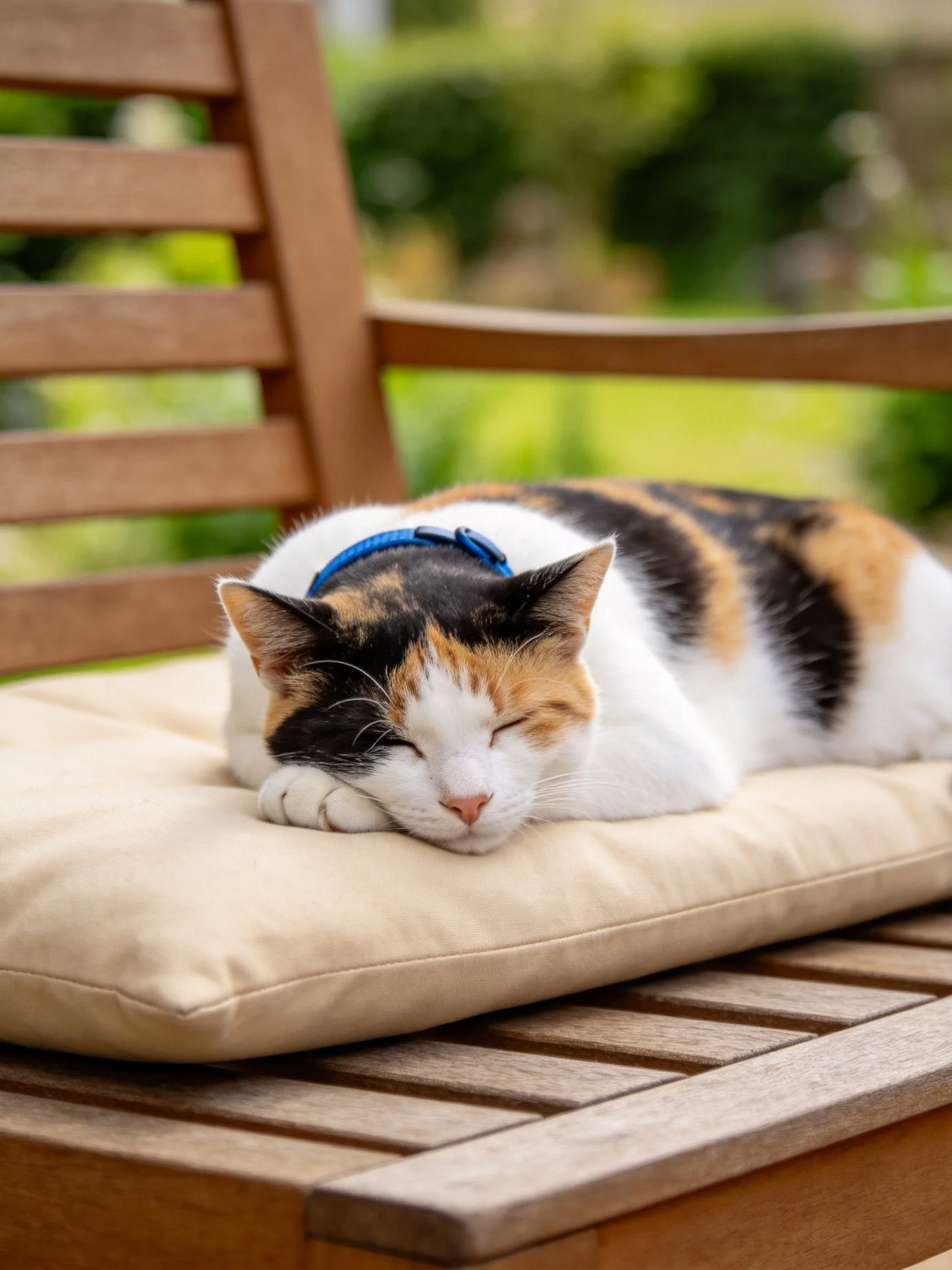 A calico cat with a blue collar rests on a cushioned wooden chair