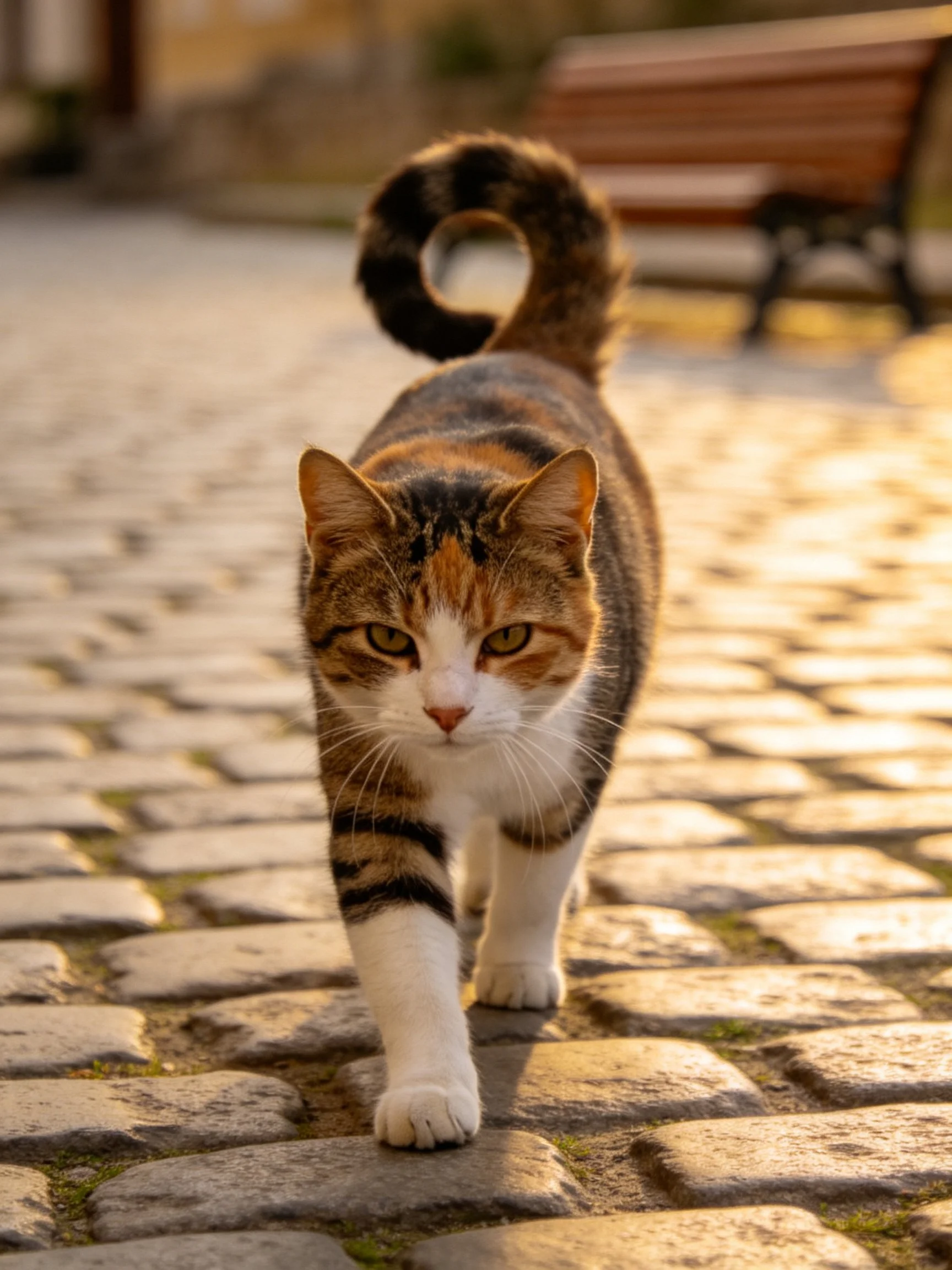 A calico cat with a curled tail walks on sunlit cobblestones