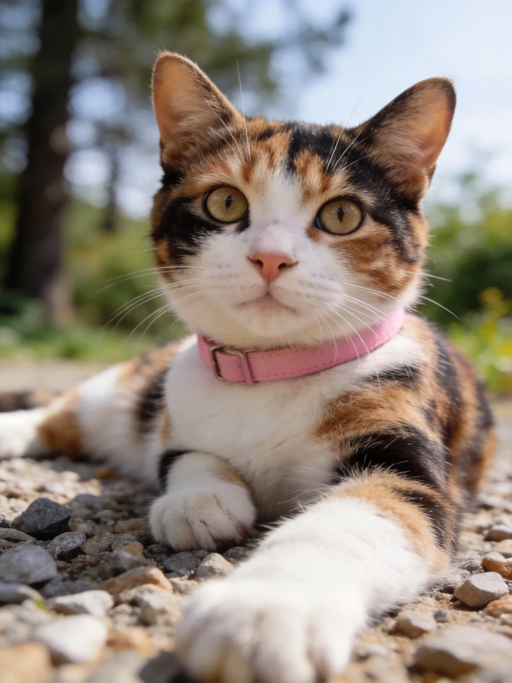 A calico cat with a pink collar lies on gravel near trees