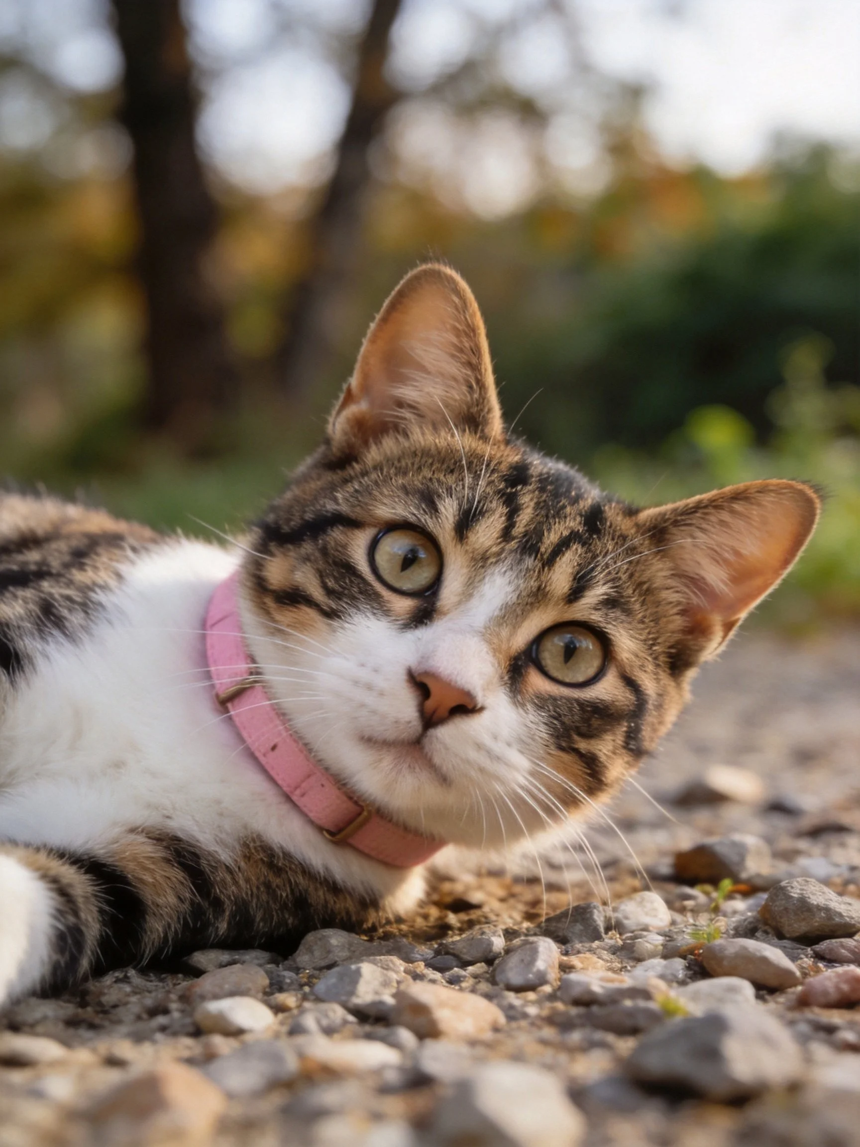 A calico cat with a pink collar rests on a gravel path near trees