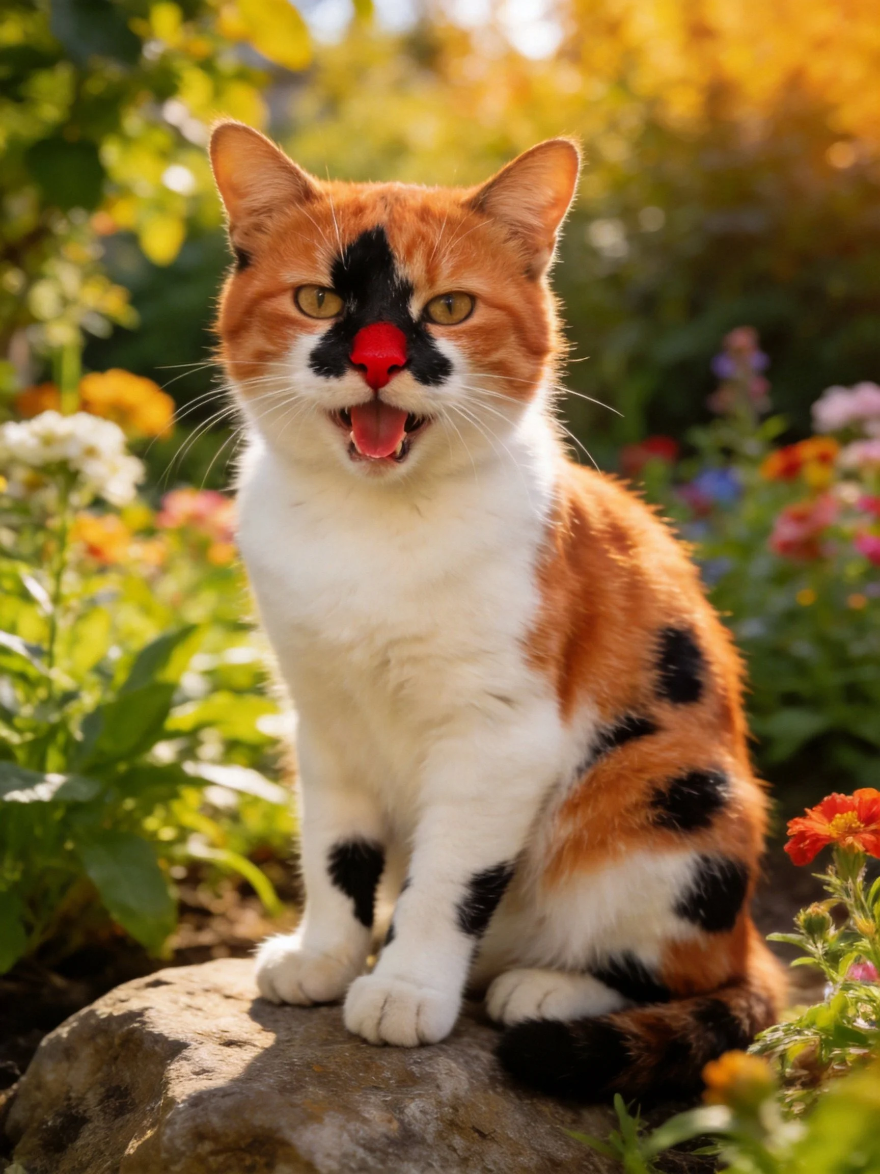 A calico cat with a red clown nose sits on a rock amid colorful flowers