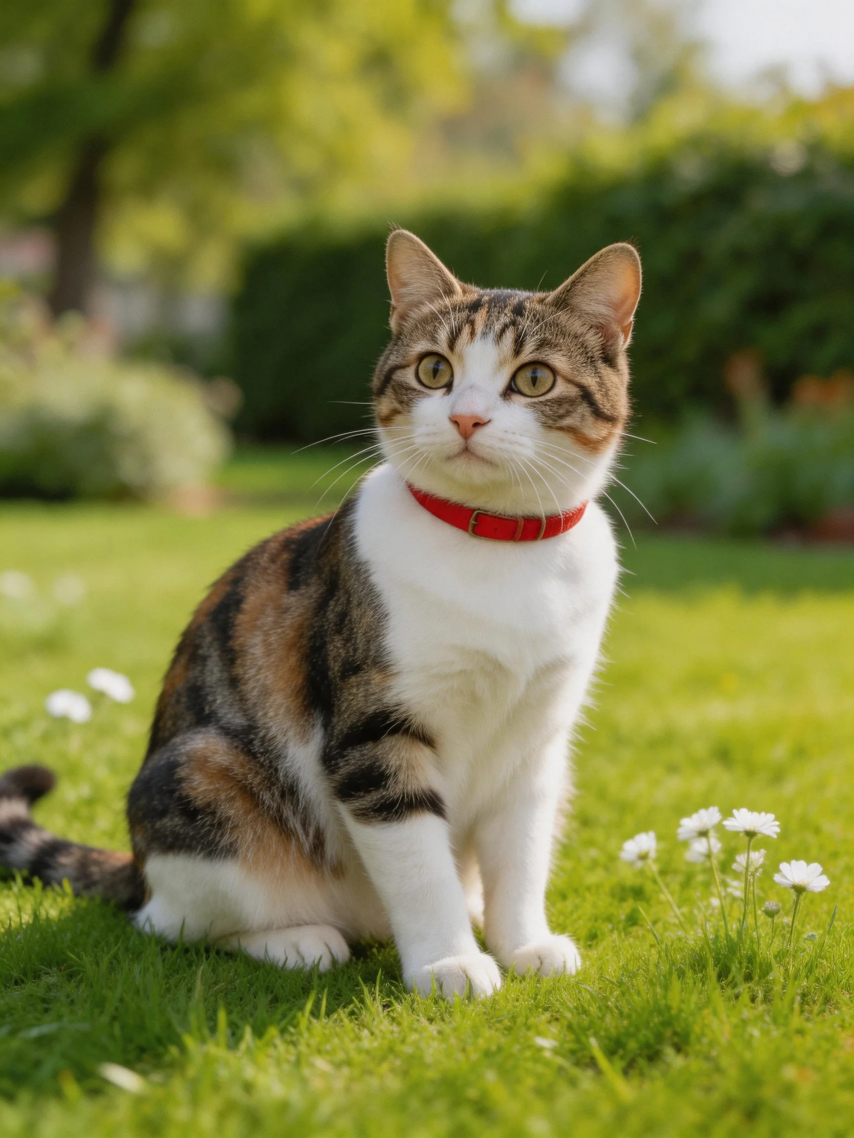 A calico cat with a red collar sits on lush green grass near small white flowers