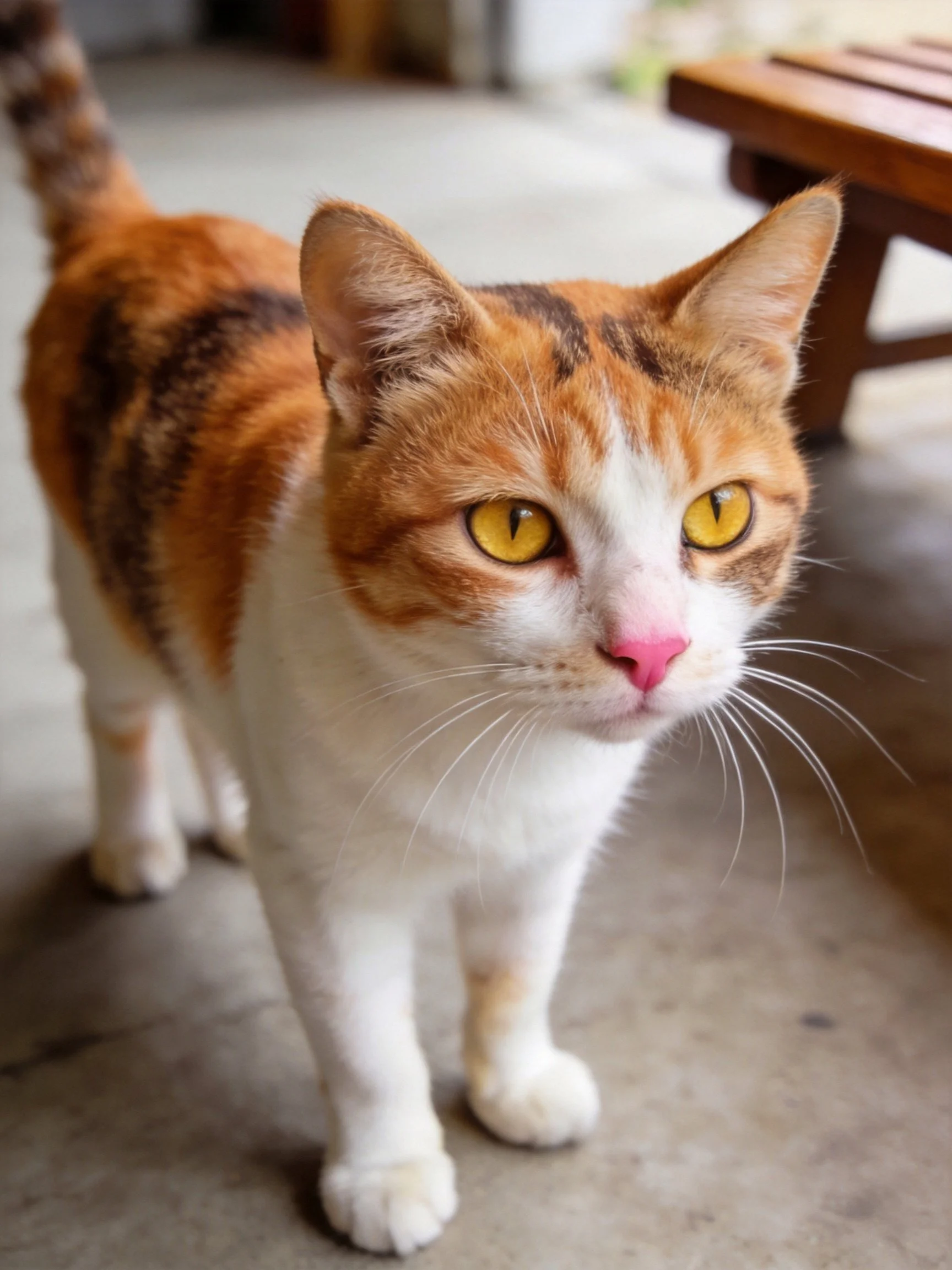 A calico cat with amber eyes on a concrete patio near a wooden bench