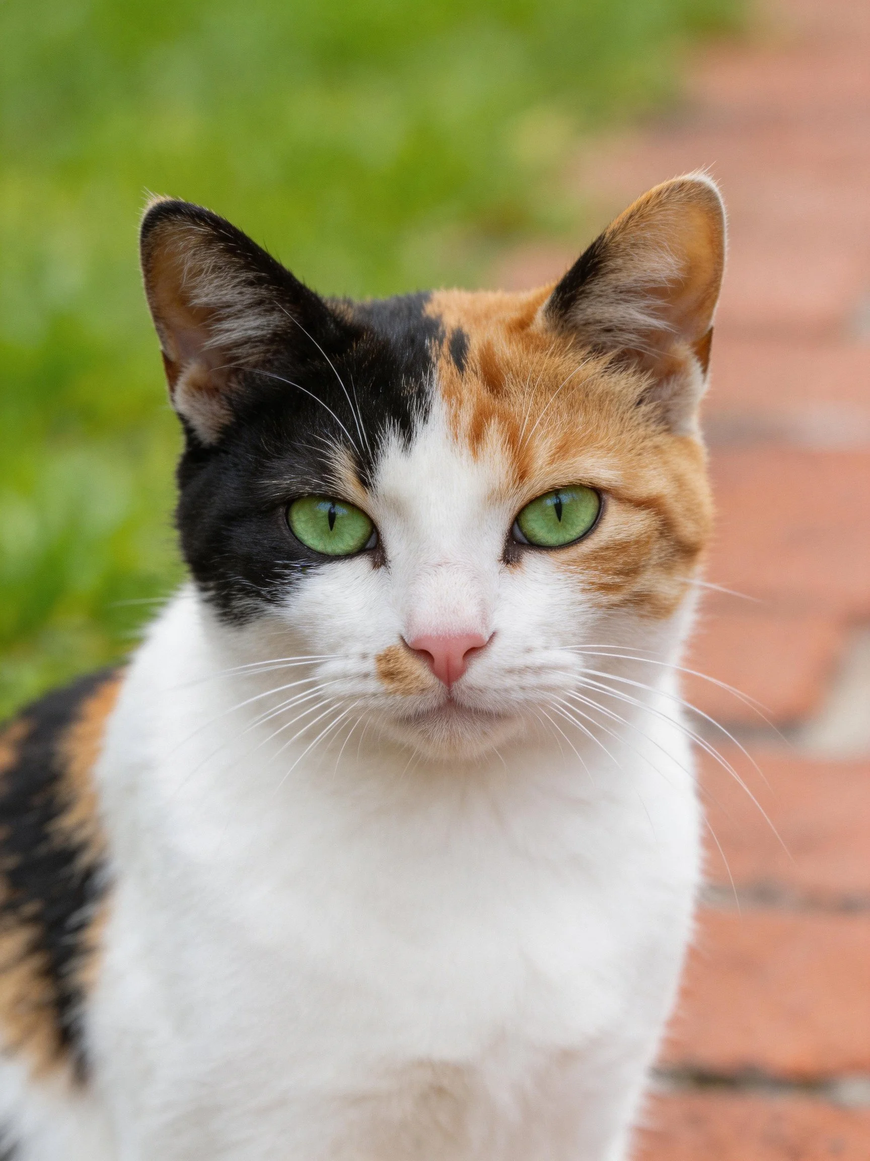 A calico cat with multicolored fur and green eyes is outdoors
