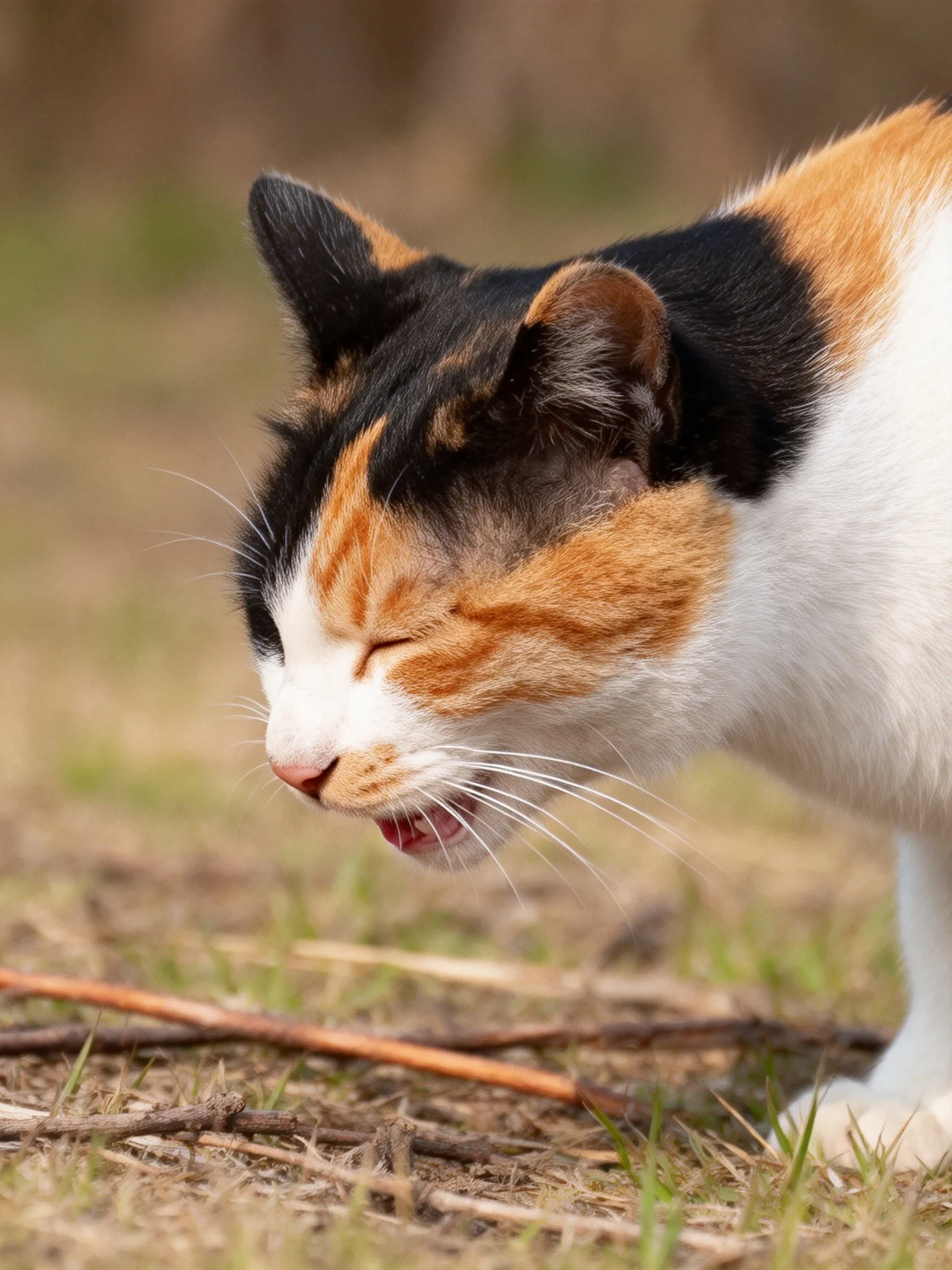 A calico cat explores dry grass and twigs in an outdoor setting.