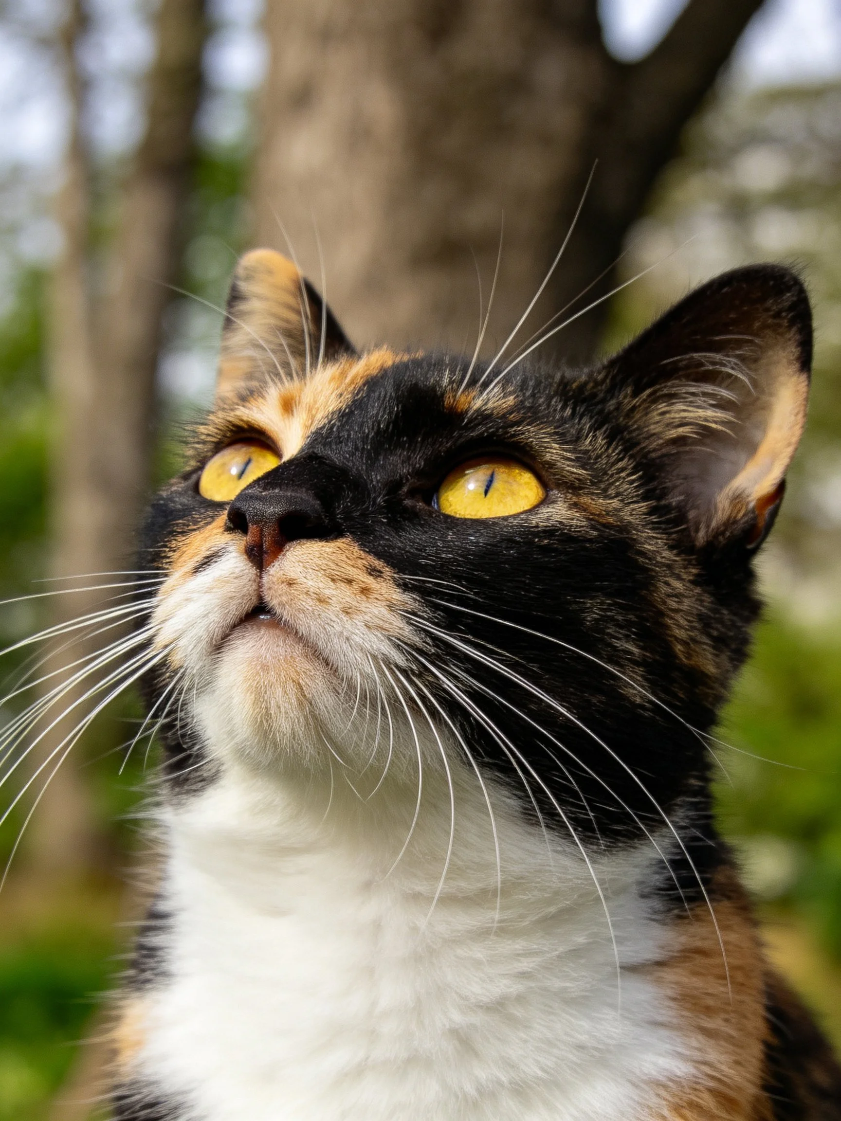 A calico cat looks upward with bright yellow eyes in a natural setting.