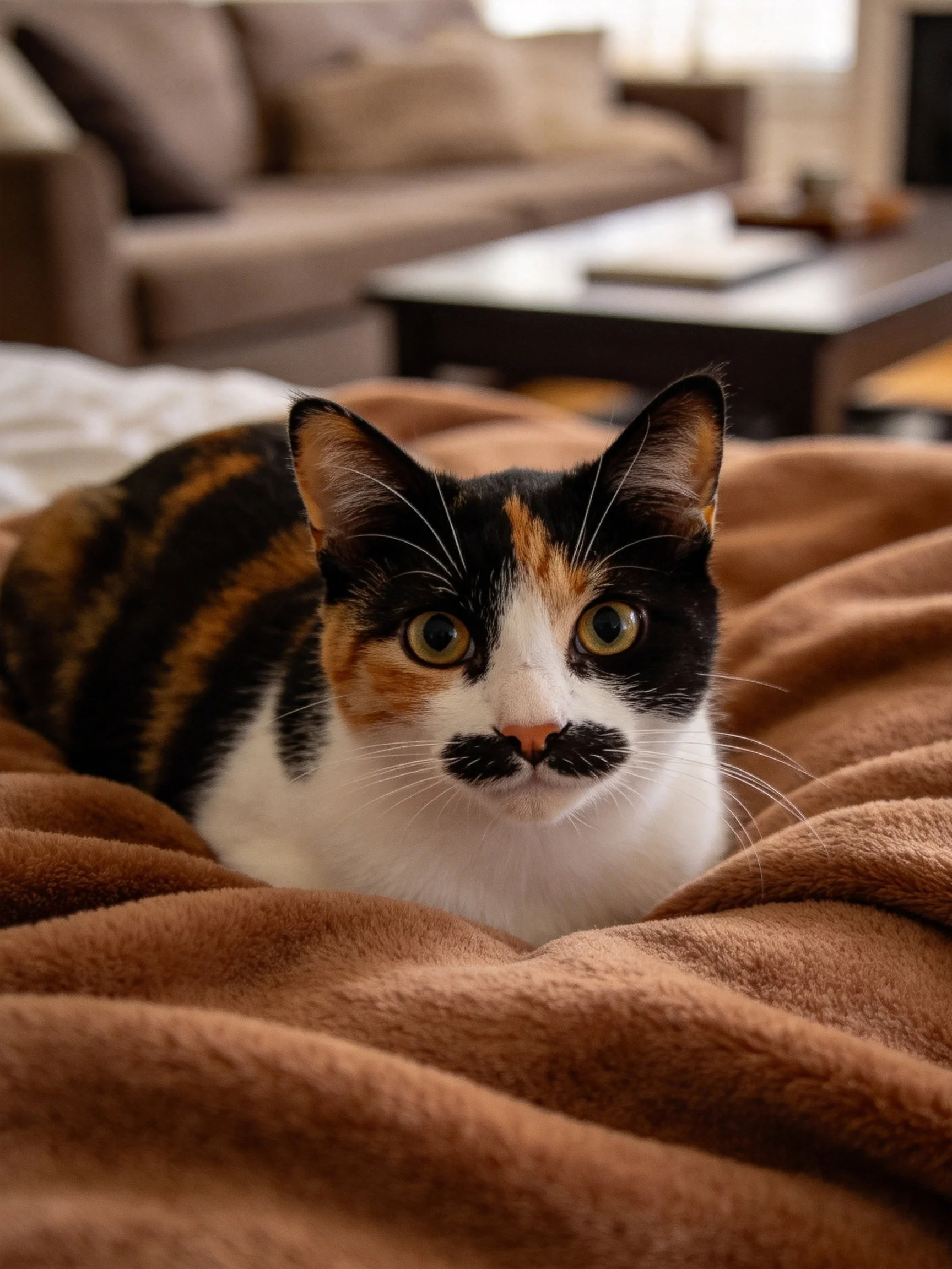 A calico cat with distinctive markings relaxes on a brown blanket in a cozy living room