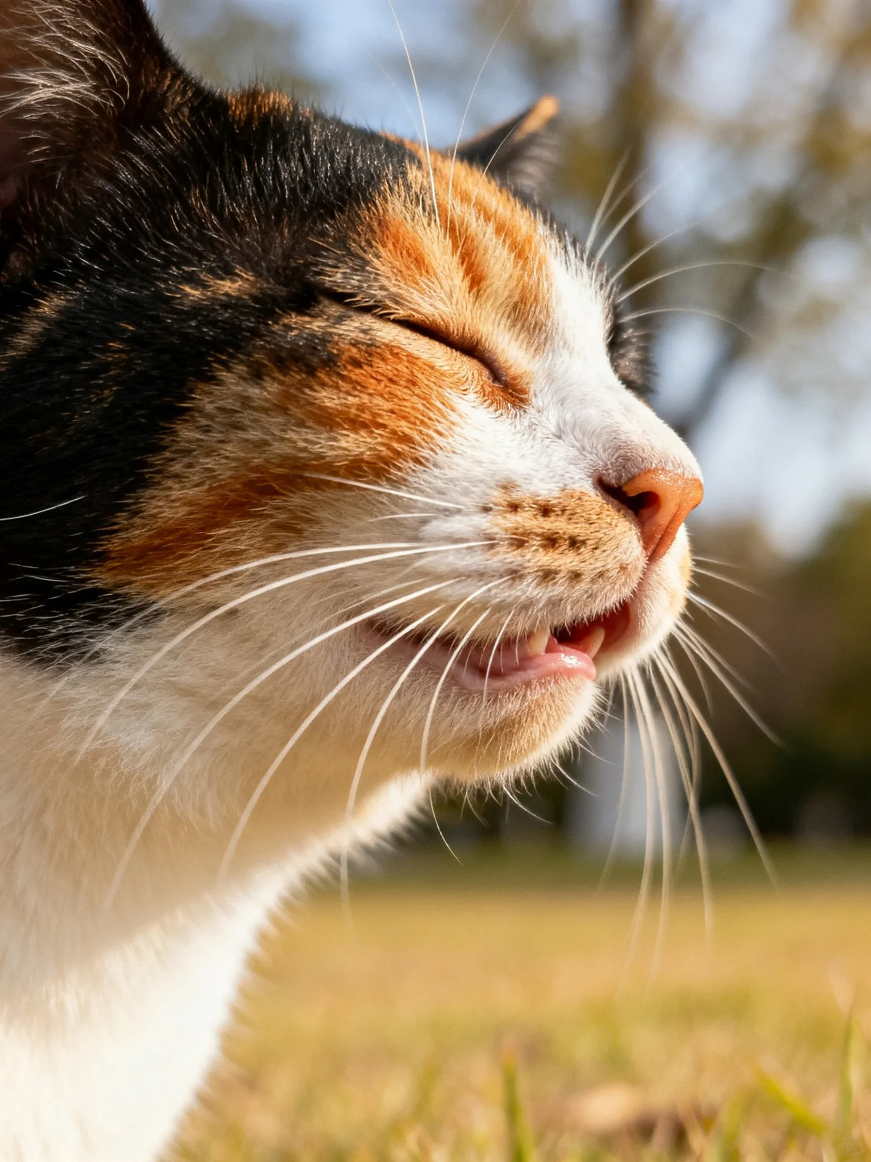 A calico cat with black, orange, and white fur outdoors