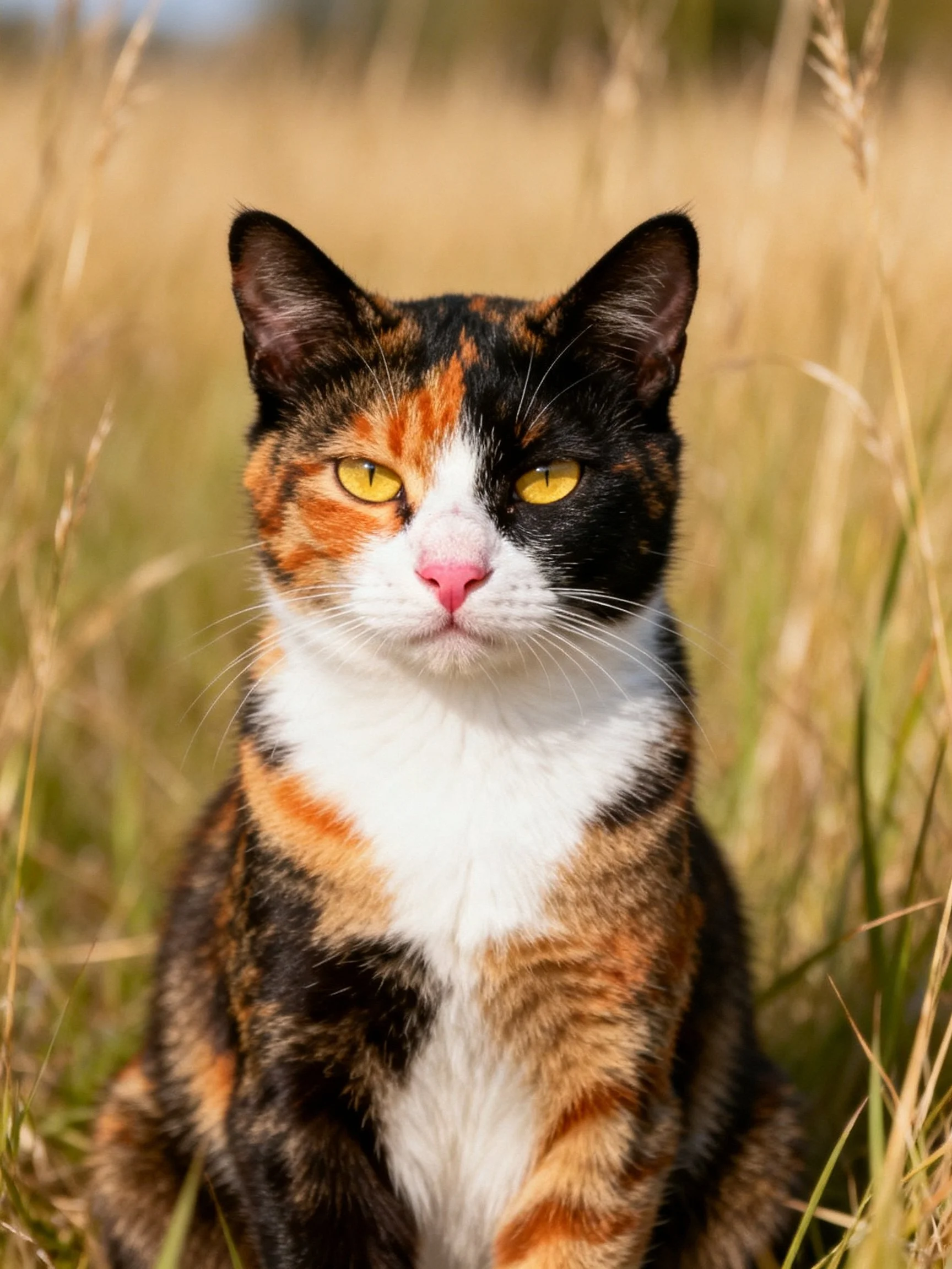 A calico cat with multicolored fur rests in tall grass outdoors.